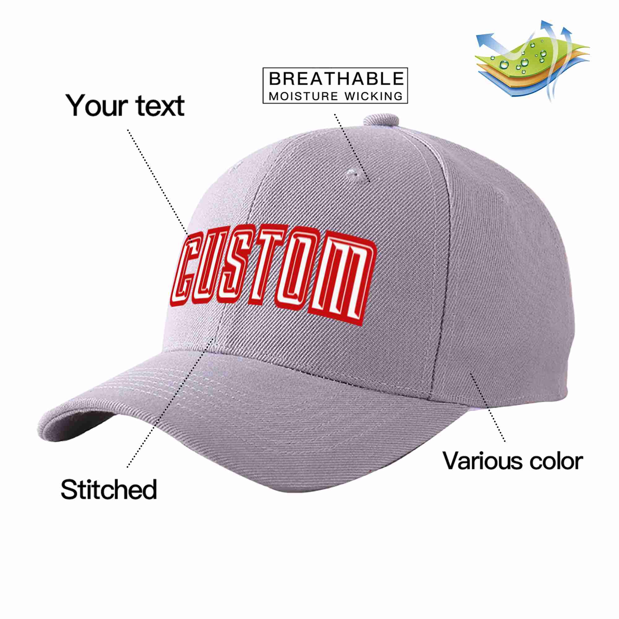 Conception personnalisée de casquette de baseball de sport incurvée gris blanc-rouge pour hommes/femmes/jeunes