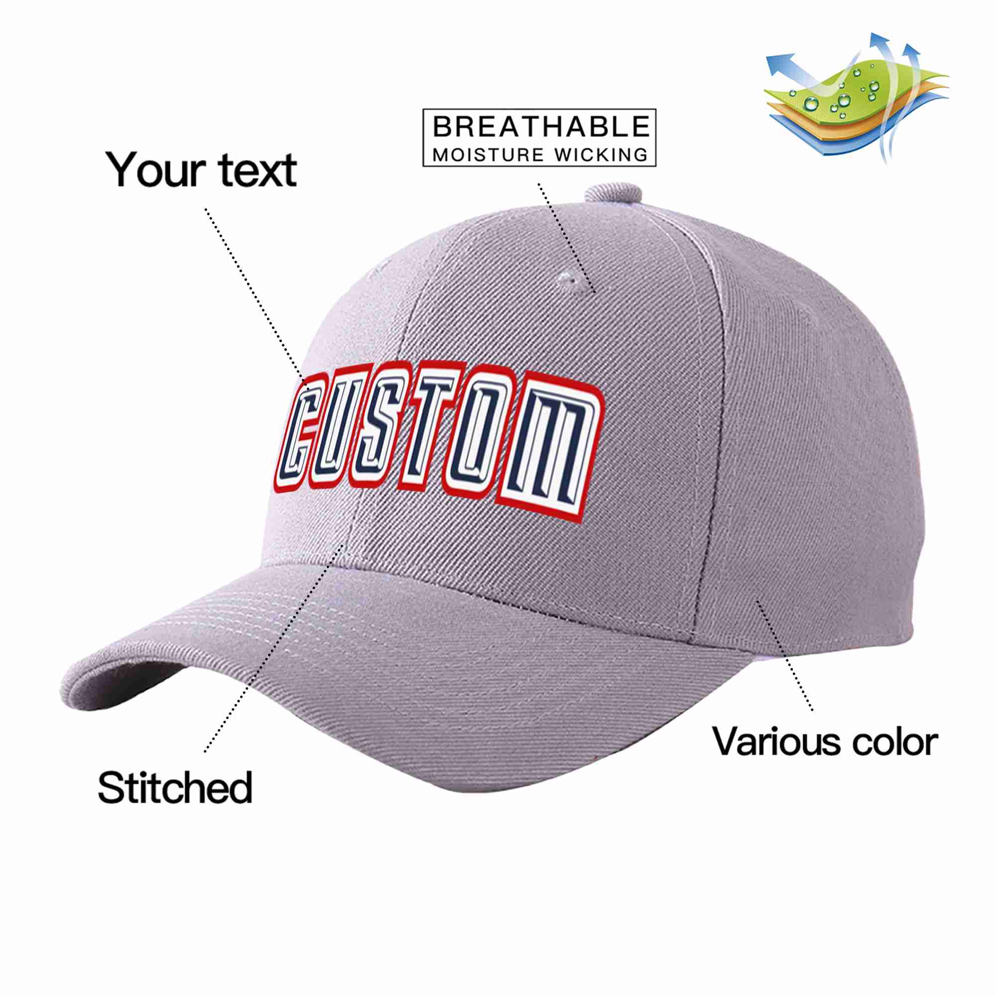 Conception personnalisée de casquette de baseball de sport incurvée gris marine-blanc pour hommes/femmes/jeunes