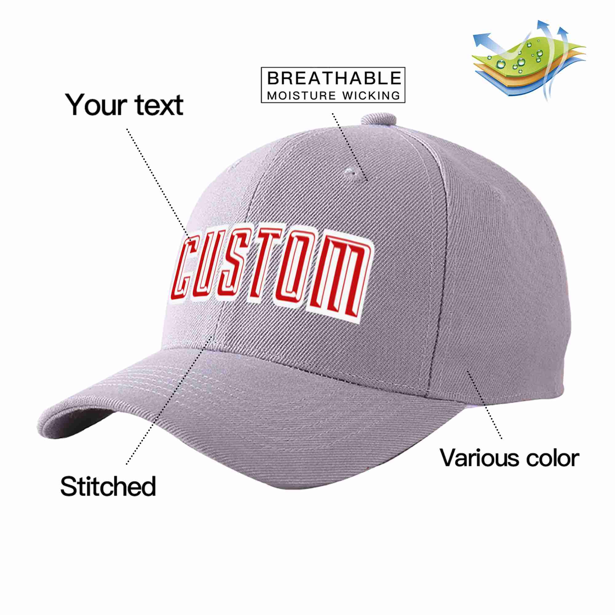 Conception personnalisée de casquette de baseball de sport courbée gris rouge-blanc pour hommes/femmes/jeunes