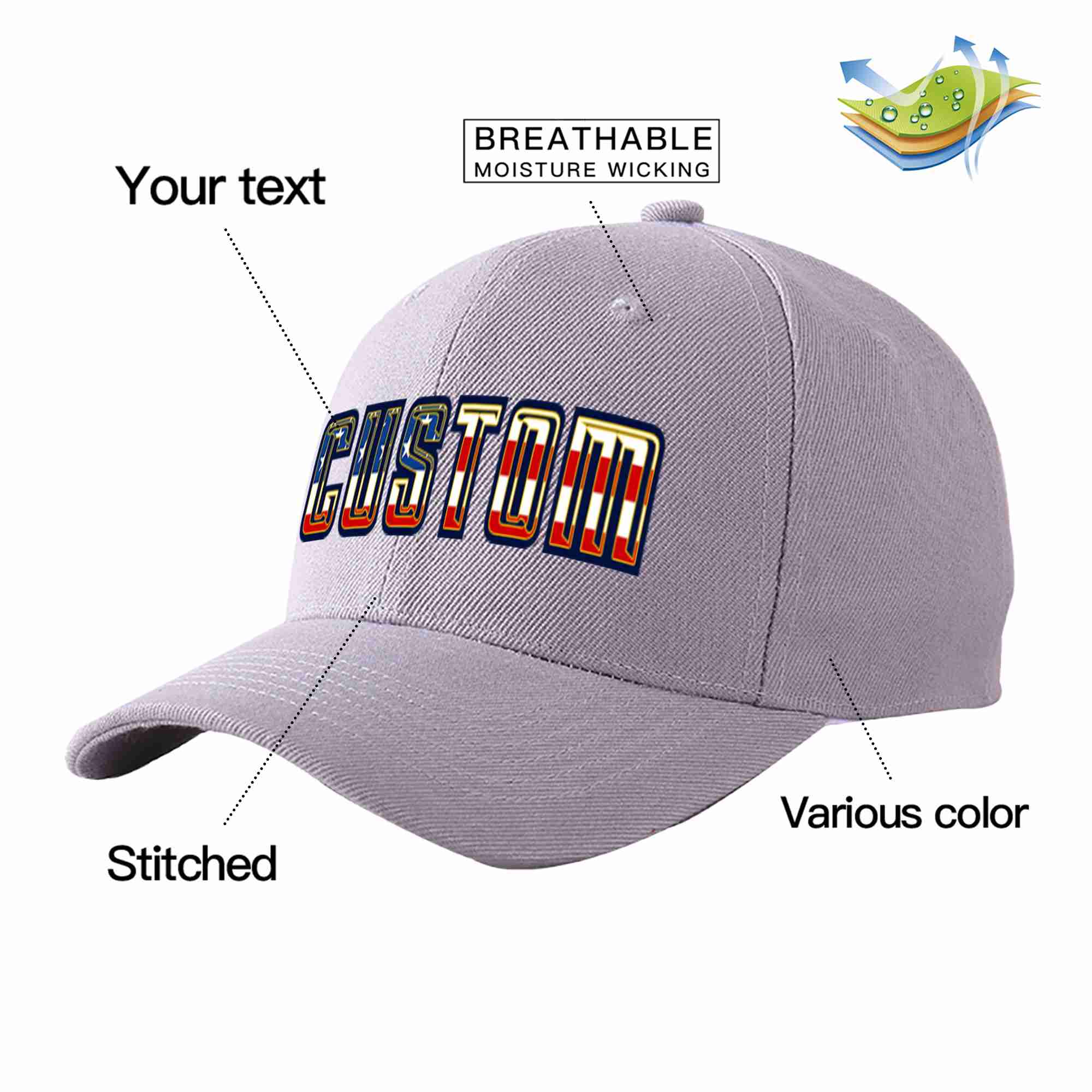 Custom Gray Vintage USA Flag-Gold Curved Eaves Sport Baseball Cap Design for Men/Women/Youth