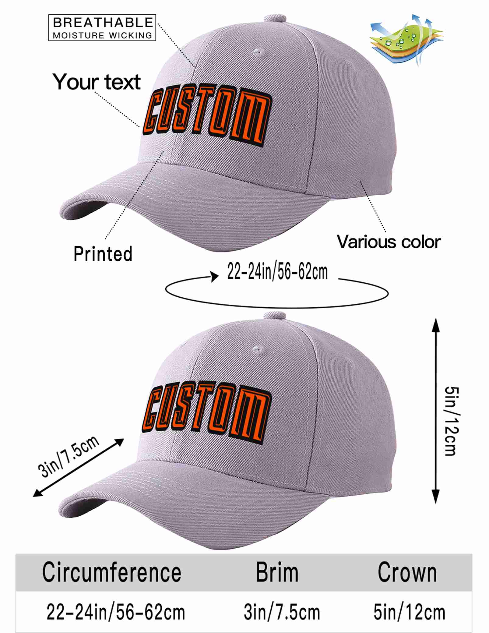 Custom Gray Orange-Black Curved Eaves Sport Baseball Cap Design for Men/Women/Youth