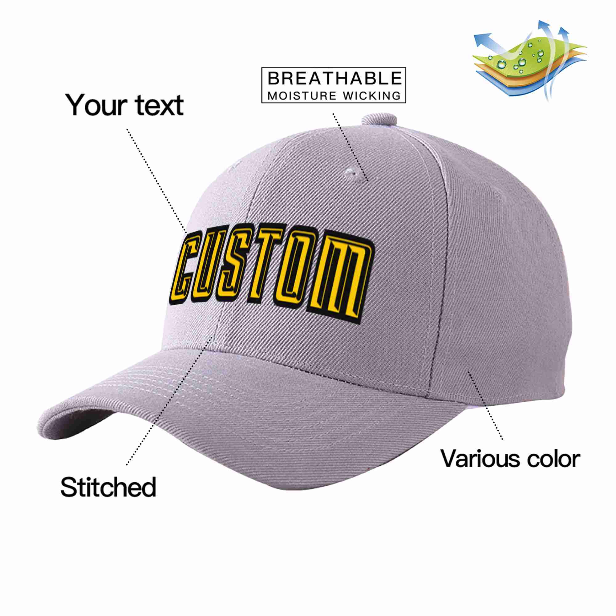 Custom Gray Gold-Black Curved Eaves Sport Baseball Cap Design for Men/Women/Youth