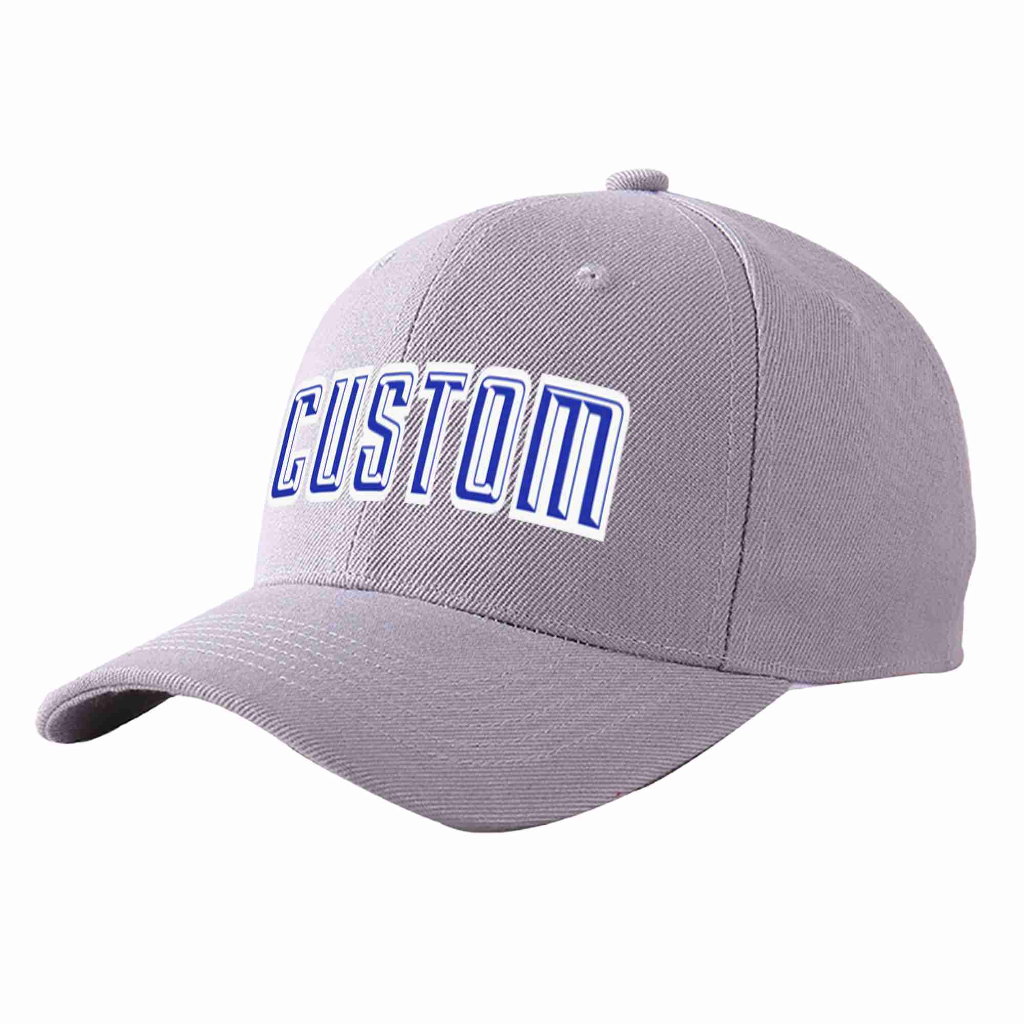 Conception personnalisée de casquette de baseball de sport incurvée gris royal-blanc pour hommes/femmes/jeunes