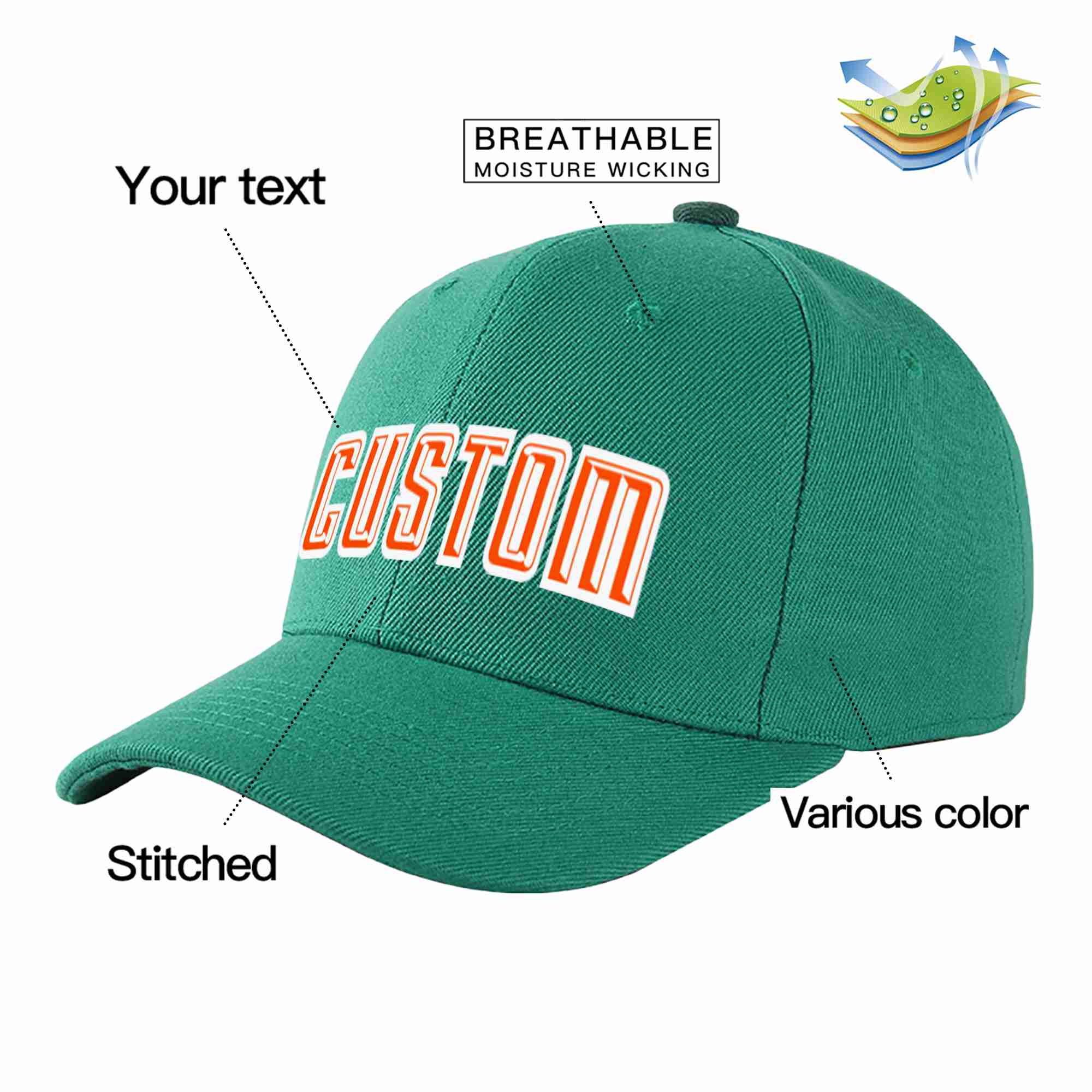 Conception personnalisée de casquette de baseball de sport incurvée vert clair orange-blanc pour hommes/femmes/jeunes