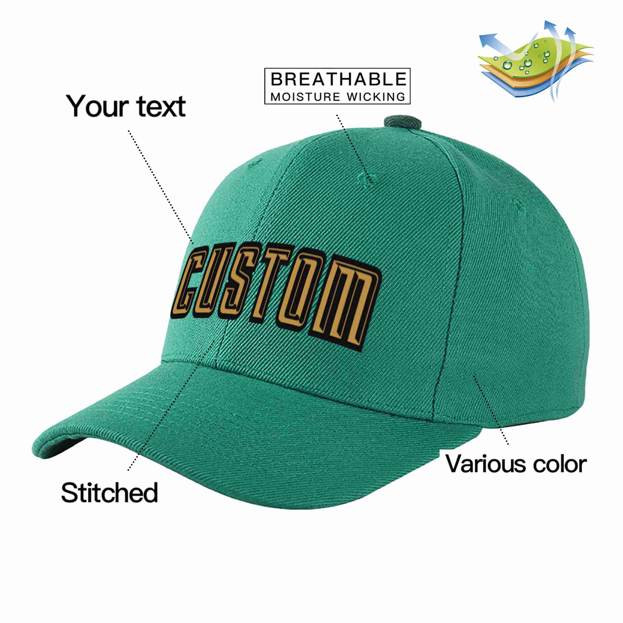 Conception personnalisée de casquette de baseball de sport à avant-toit incurvé vert clair vieux or-noir pour hommes/femmes/jeunes