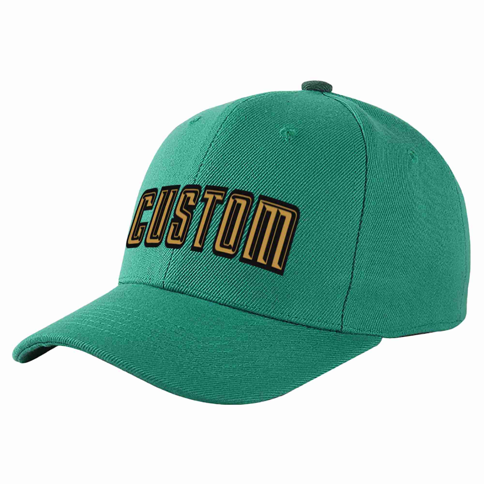 Conception personnalisée de casquette de baseball de sport à avant-toit incurvé vert clair vieux or-noir pour hommes/femmes/jeunes