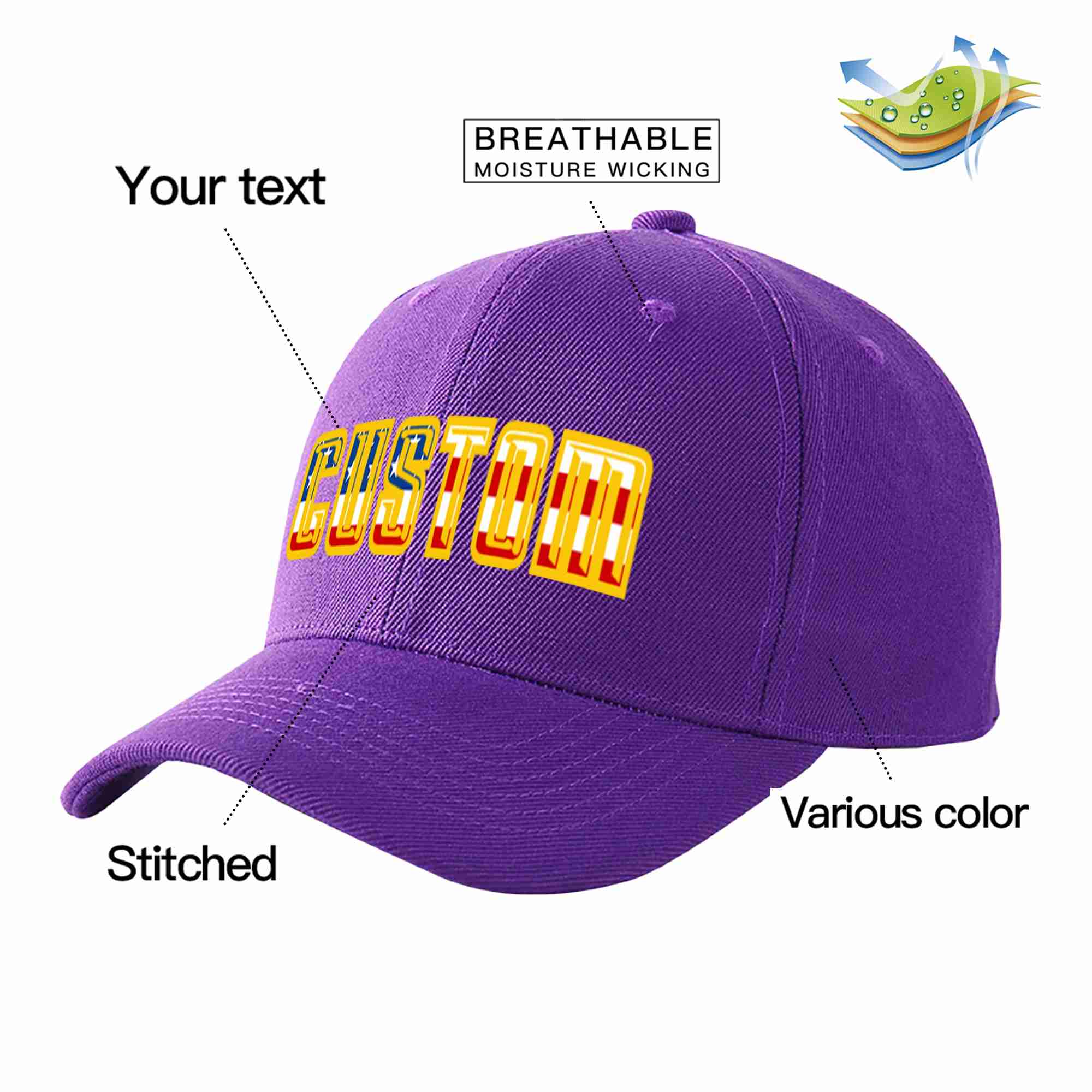 Custom Purple Vintage USA Flag-Gold Curved Eaves Sport Baseball Cap Design for Men/Women/Youth