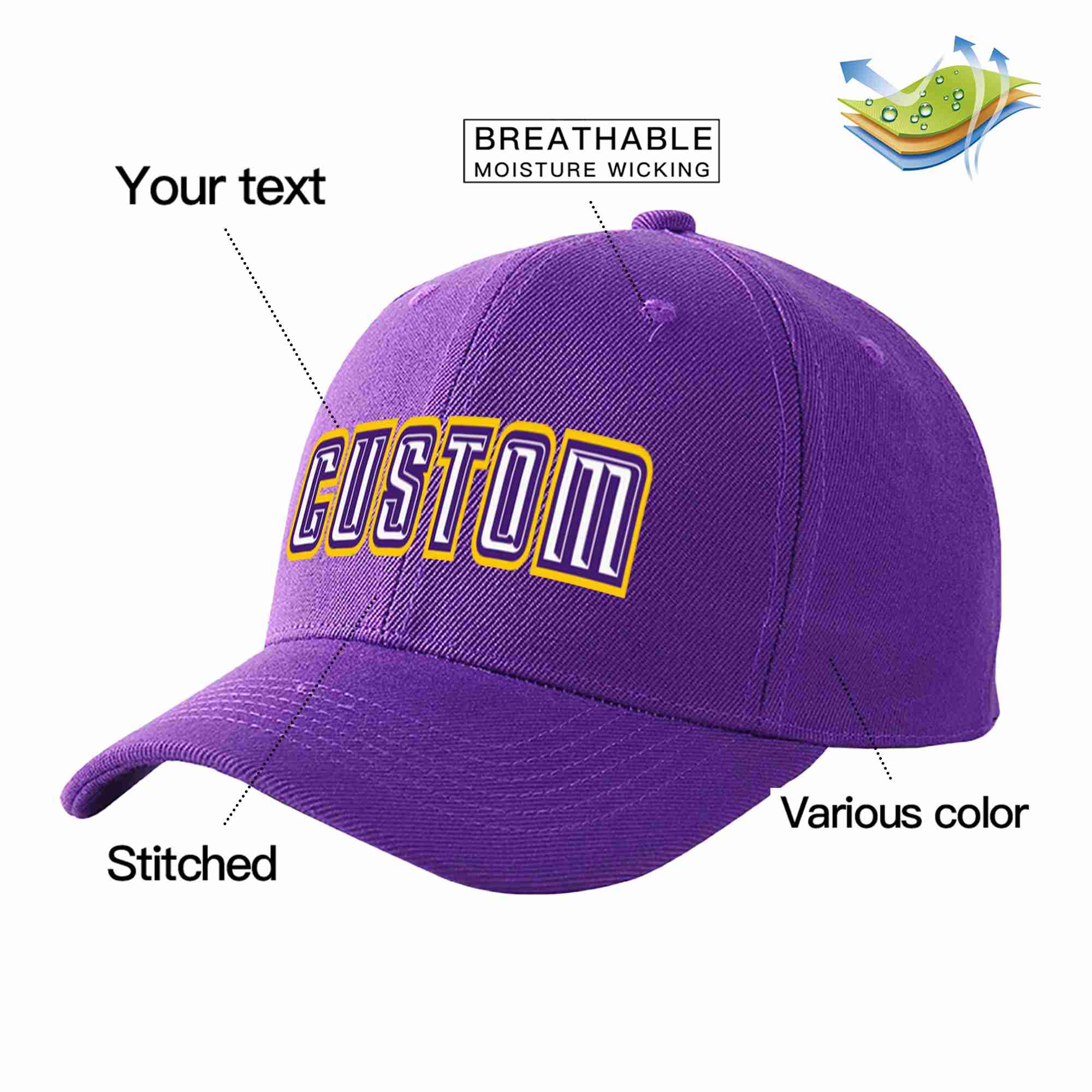 Conception personnalisée de casquette de baseball de sport incurvée violet blanc-violet pour hommes/femmes/jeunes