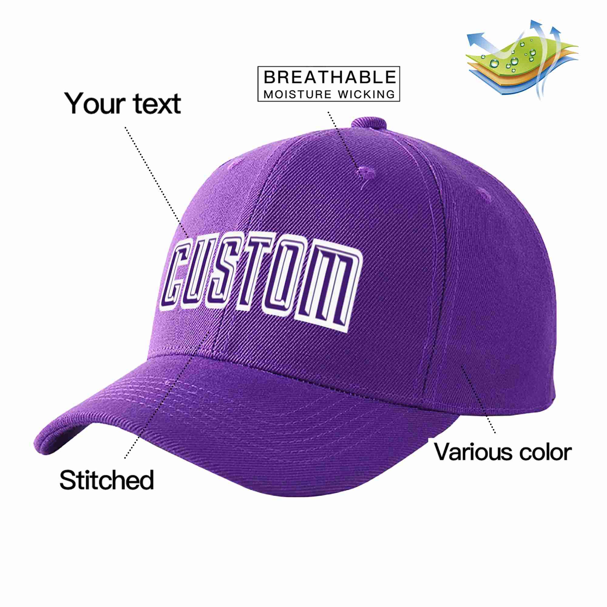 Conception personnalisée de casquette de baseball de sport incurvée violet-blanc pour hommes/femmes/jeunes