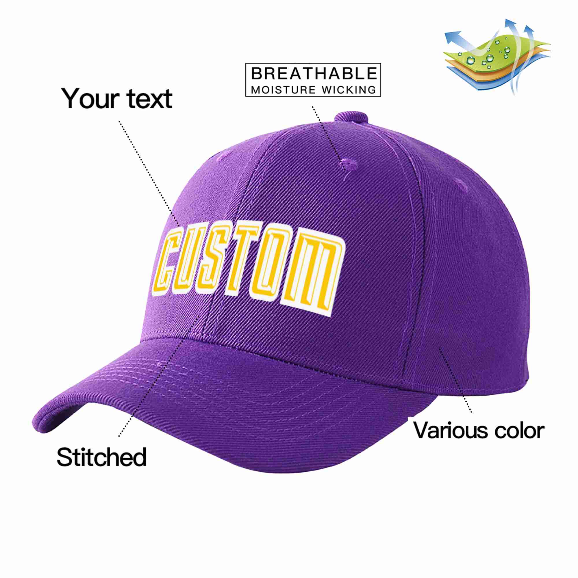 Conception personnalisée de casquette de baseball de sport incurvée Eaves violet or-blanc pour hommes/femmes/jeunes