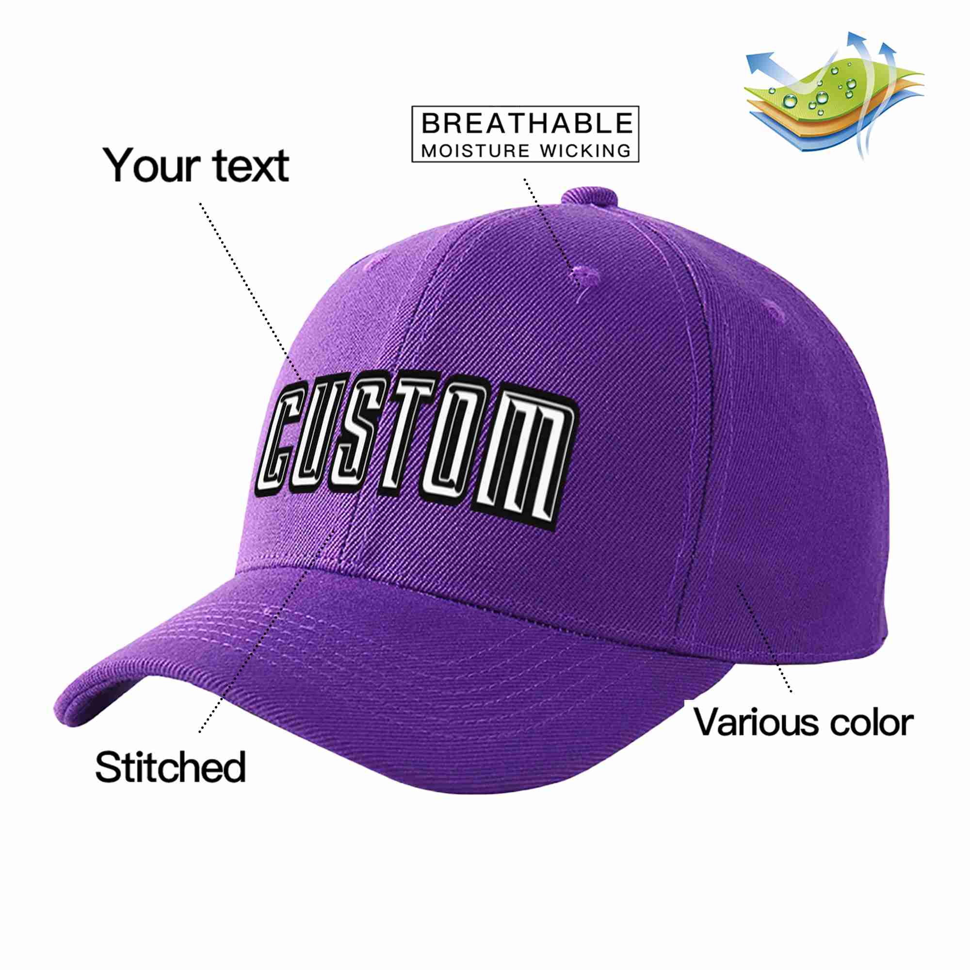 Conception personnalisée de casquette de baseball de sport incurvée violet blanc-noir pour hommes/femmes/jeunes