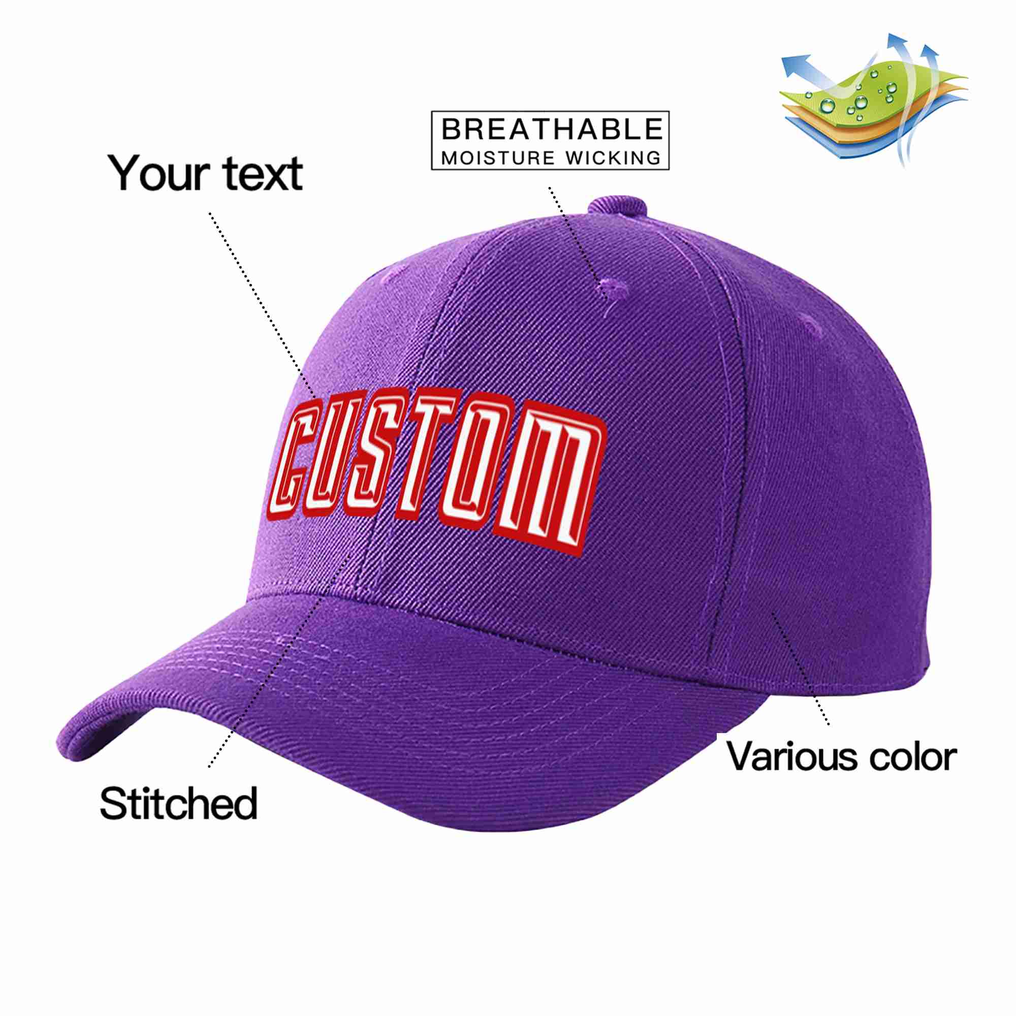 Conception personnalisée de casquette de baseball de sport incurvée violet blanc-rouge pour hommes/femmes/jeunes