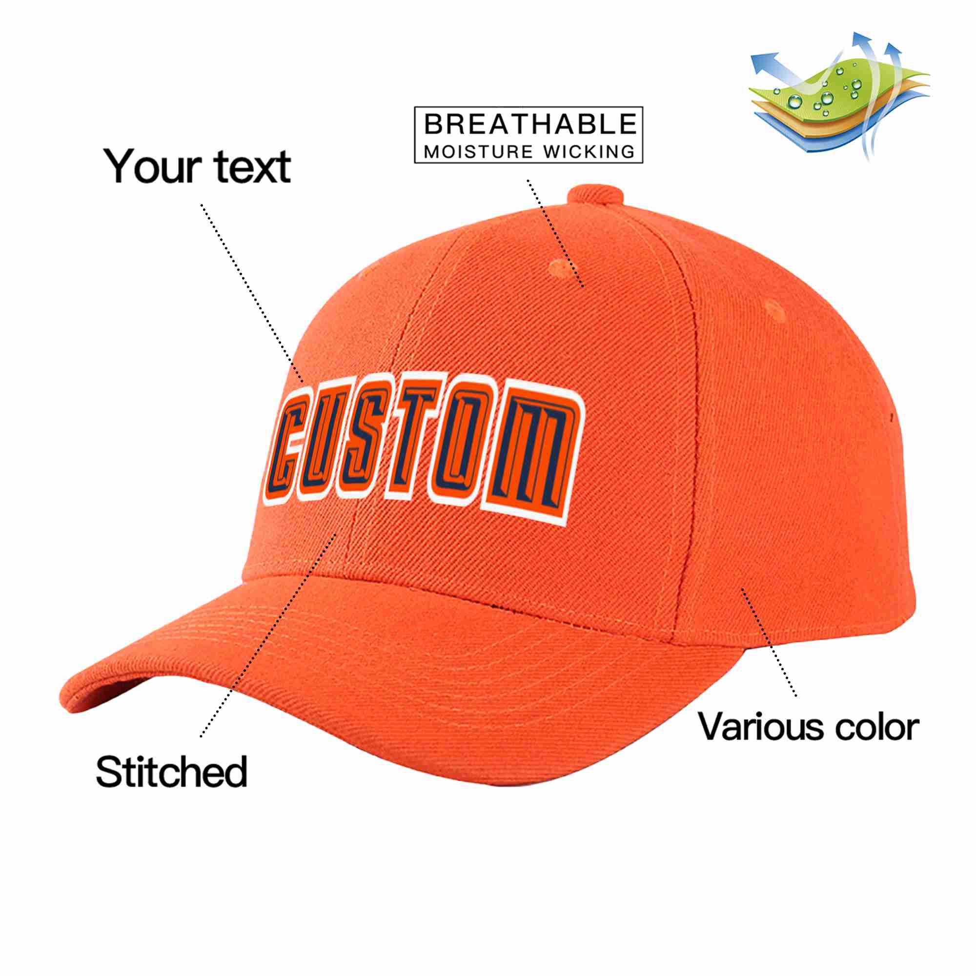 Custom Tangerine Navy-Orange Curved Eaves Sport Baseball Cap Design for Men/Women/Youth