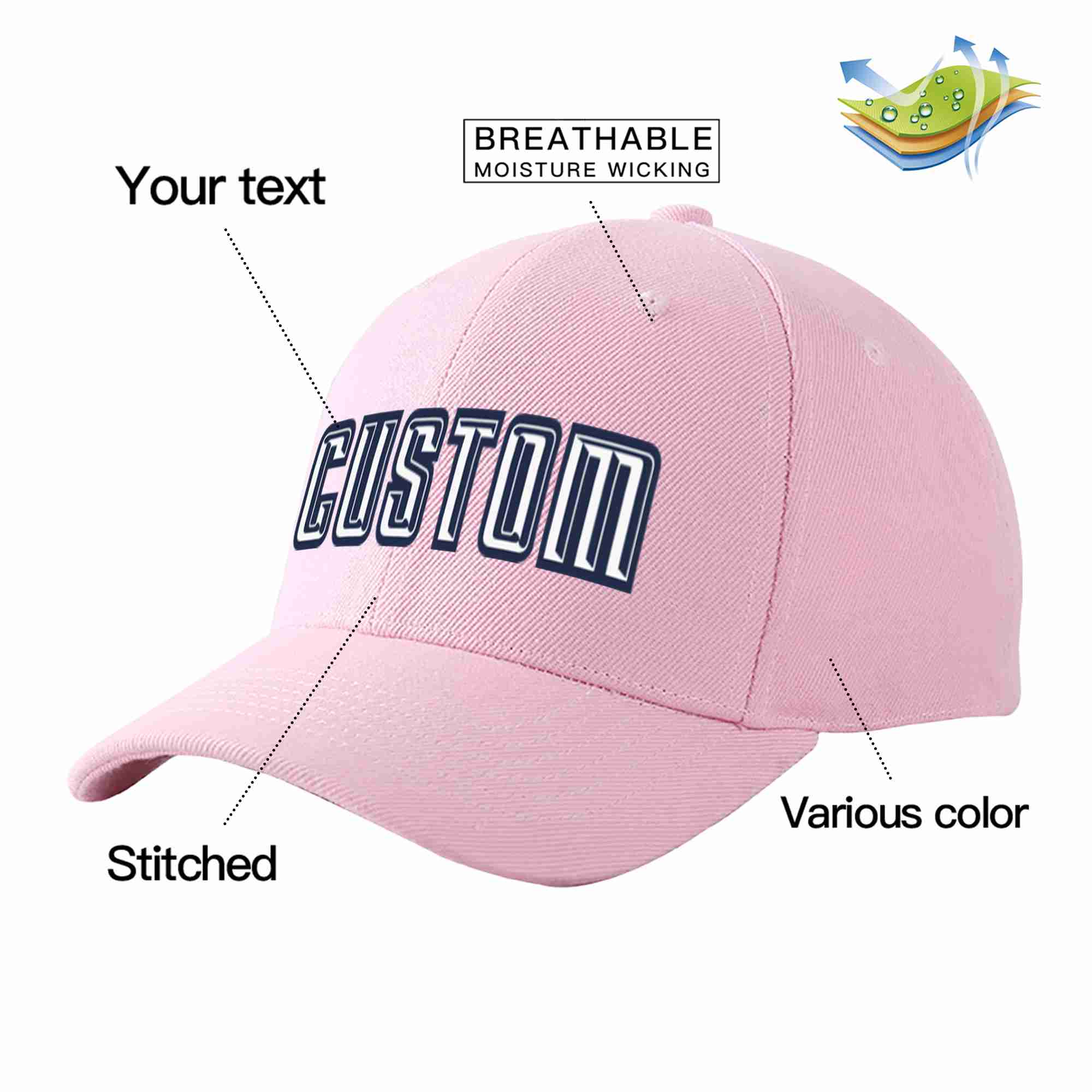 Conception personnalisée de casquette de baseball de sport incurvée rose blanc-marine pour hommes/femmes/jeunes