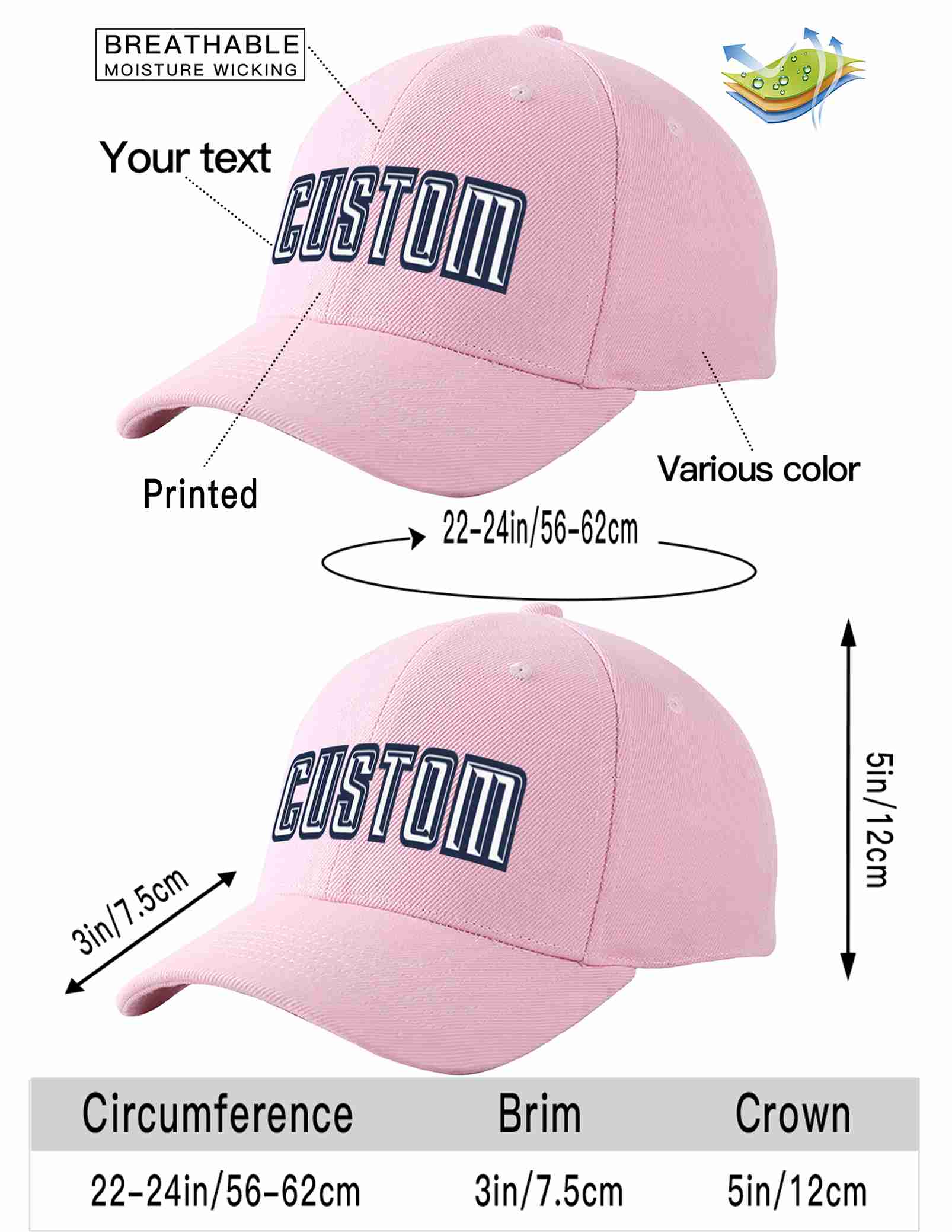 Custom Pink White-Navy Curved Eaves Sport Baseball Cap Design for Men/Women/Youth