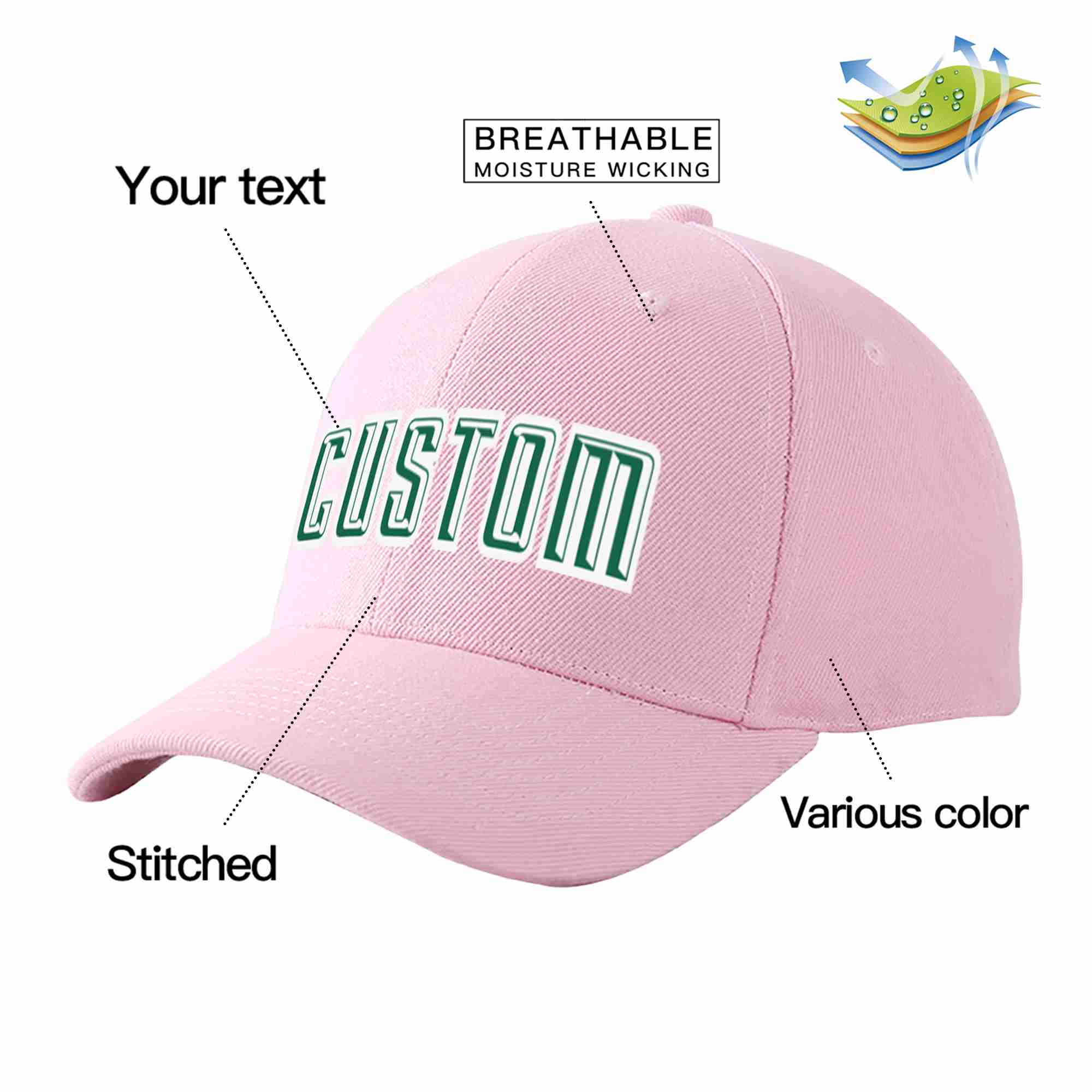 Casquette de baseball de sport incurvée rose Kelly vert-blanc pour hommes/femmes/jeunes