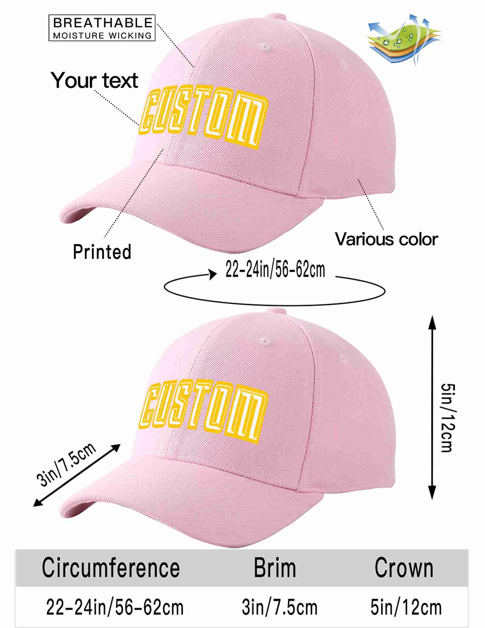 Custom Pink White-Gold Curved Eaves Sport Baseball Cap Design for Men/Women/Youth