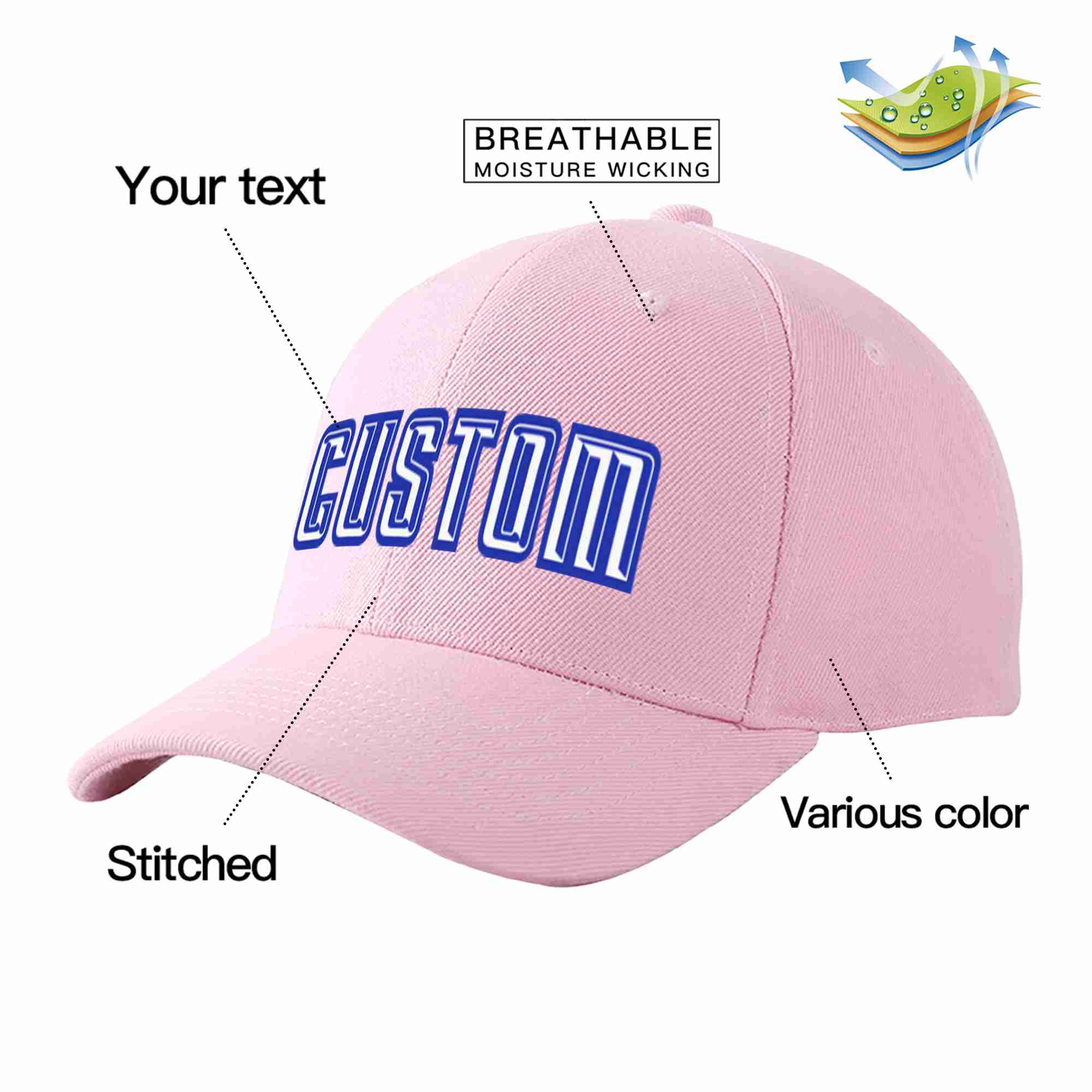 Conception personnalisée de casquette de baseball de sport incurvée Eaves rose blanc-royal pour hommes/femmes/jeunes