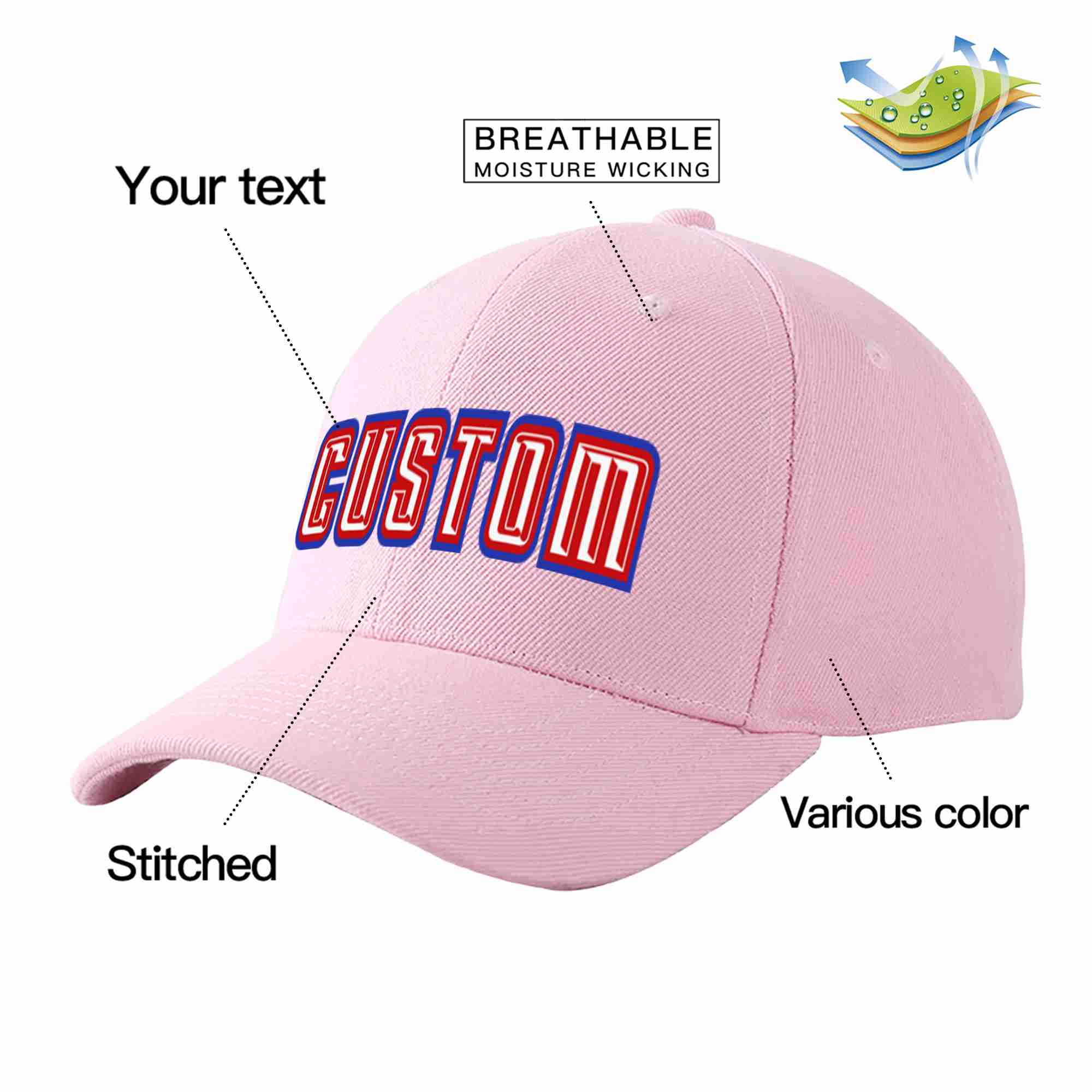 Conception personnalisée de casquette de baseball de sport incurvée rose blanc-rouge pour hommes/femmes/jeunes