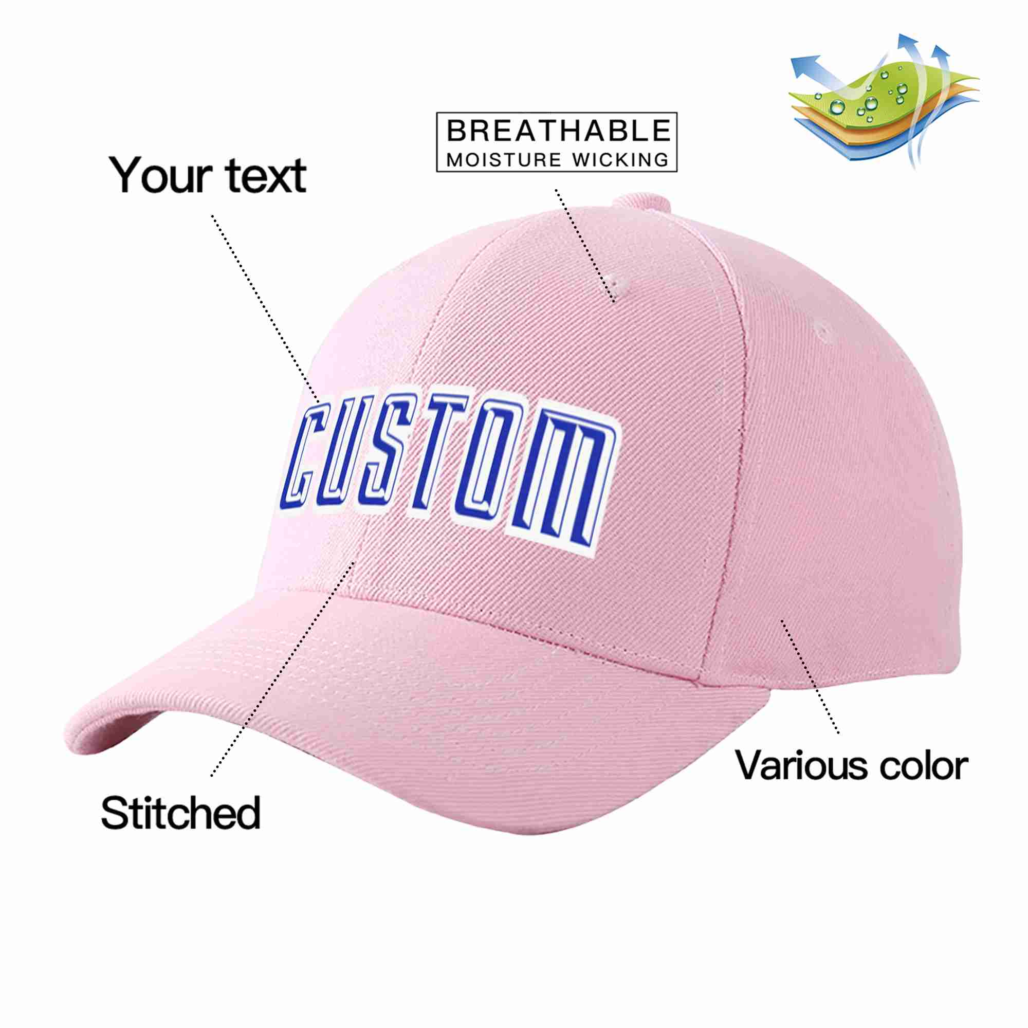 Conception personnalisée de casquette de baseball de sport incurvée rose royal-blanc pour hommes/femmes/jeunes