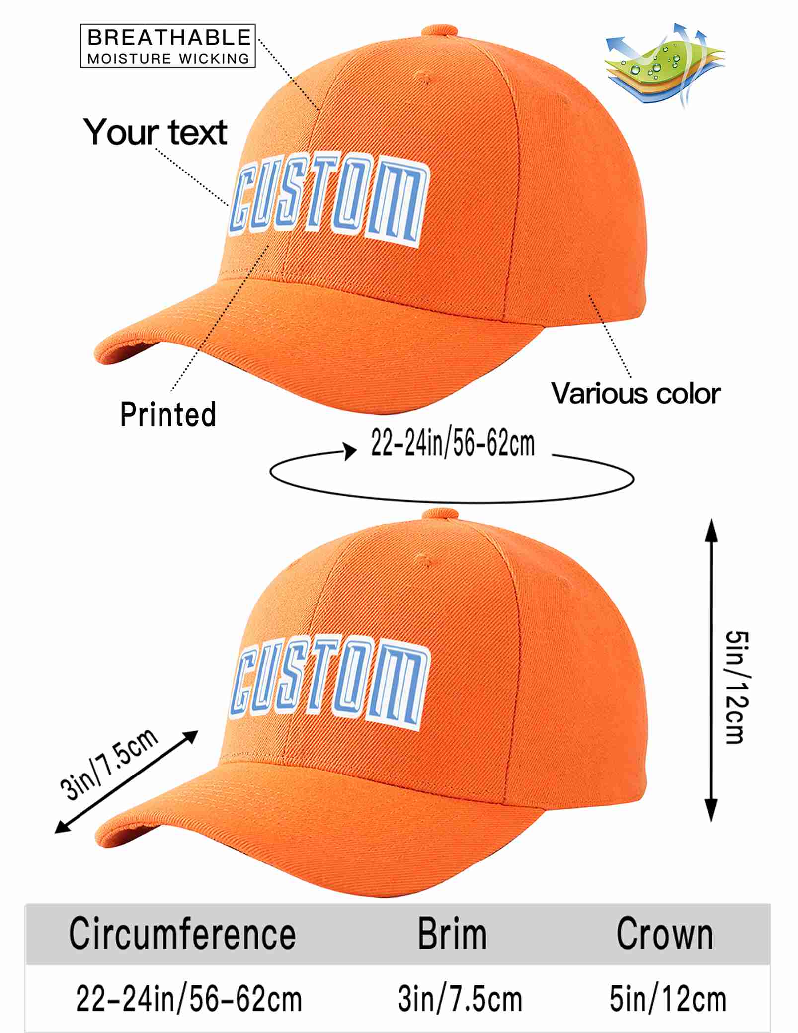 Conception personnalisée de casquette de baseball de sport incurvée orange bleu clair-blanc pour hommes/femmes/jeunes