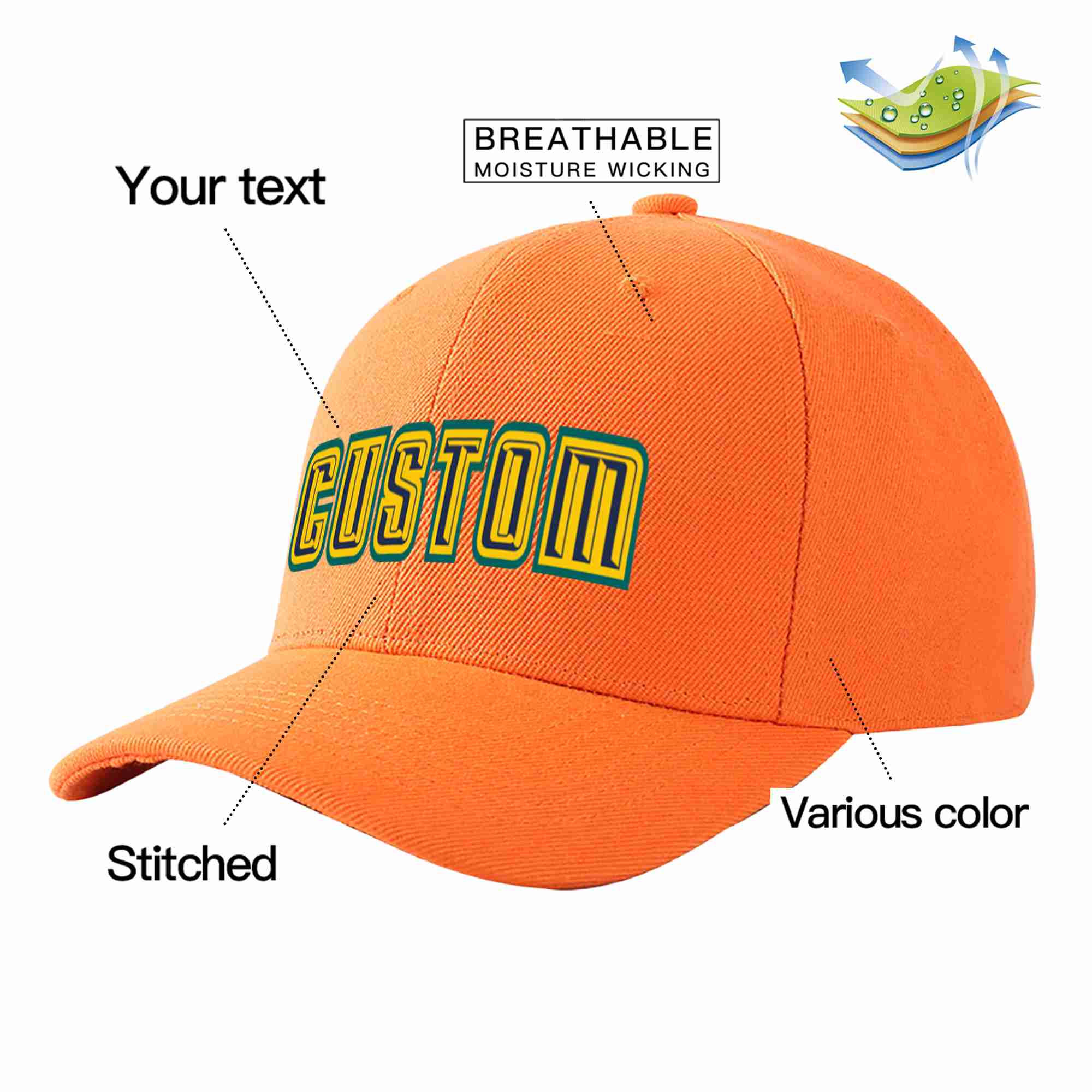 Conception personnalisée de casquette de baseball de sport incurvée orange marine-or pour hommes/femmes/jeunes