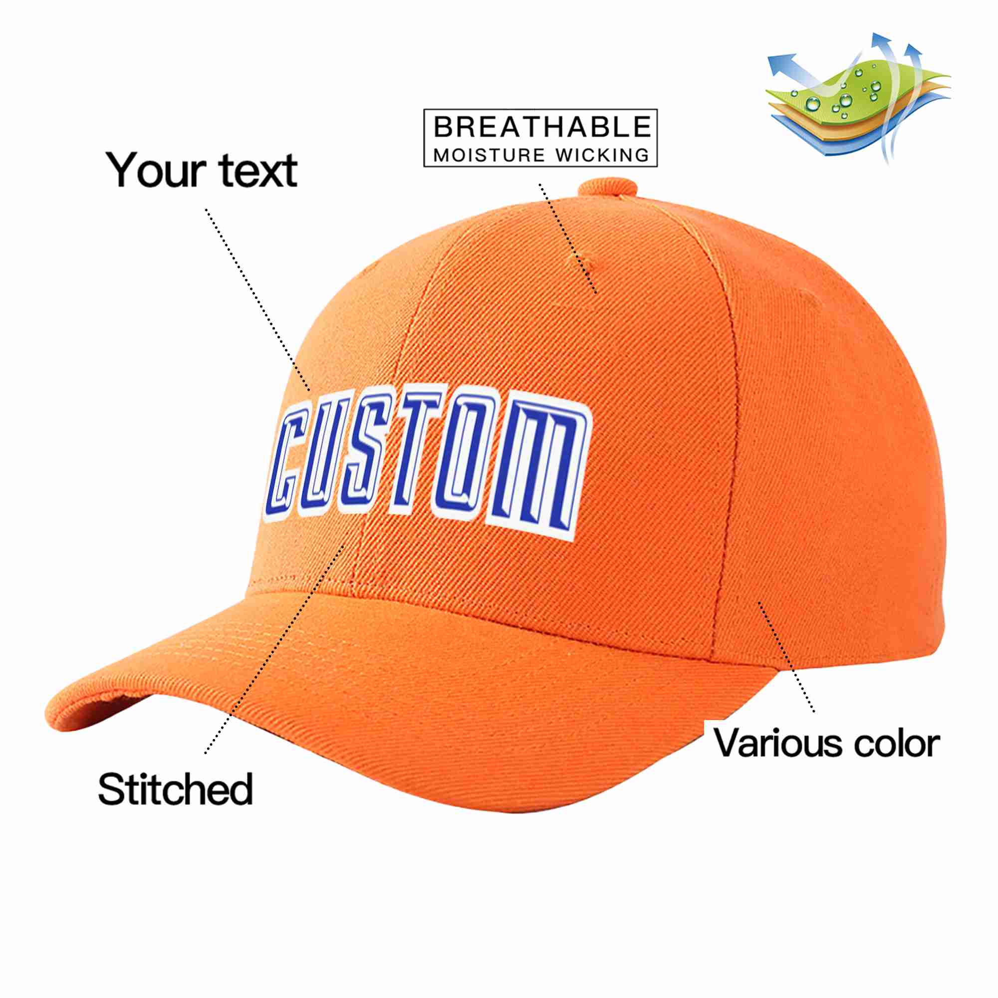 Conception personnalisée de casquette de baseball de sport incurvée orange royal-blanc pour hommes/femmes/jeunes