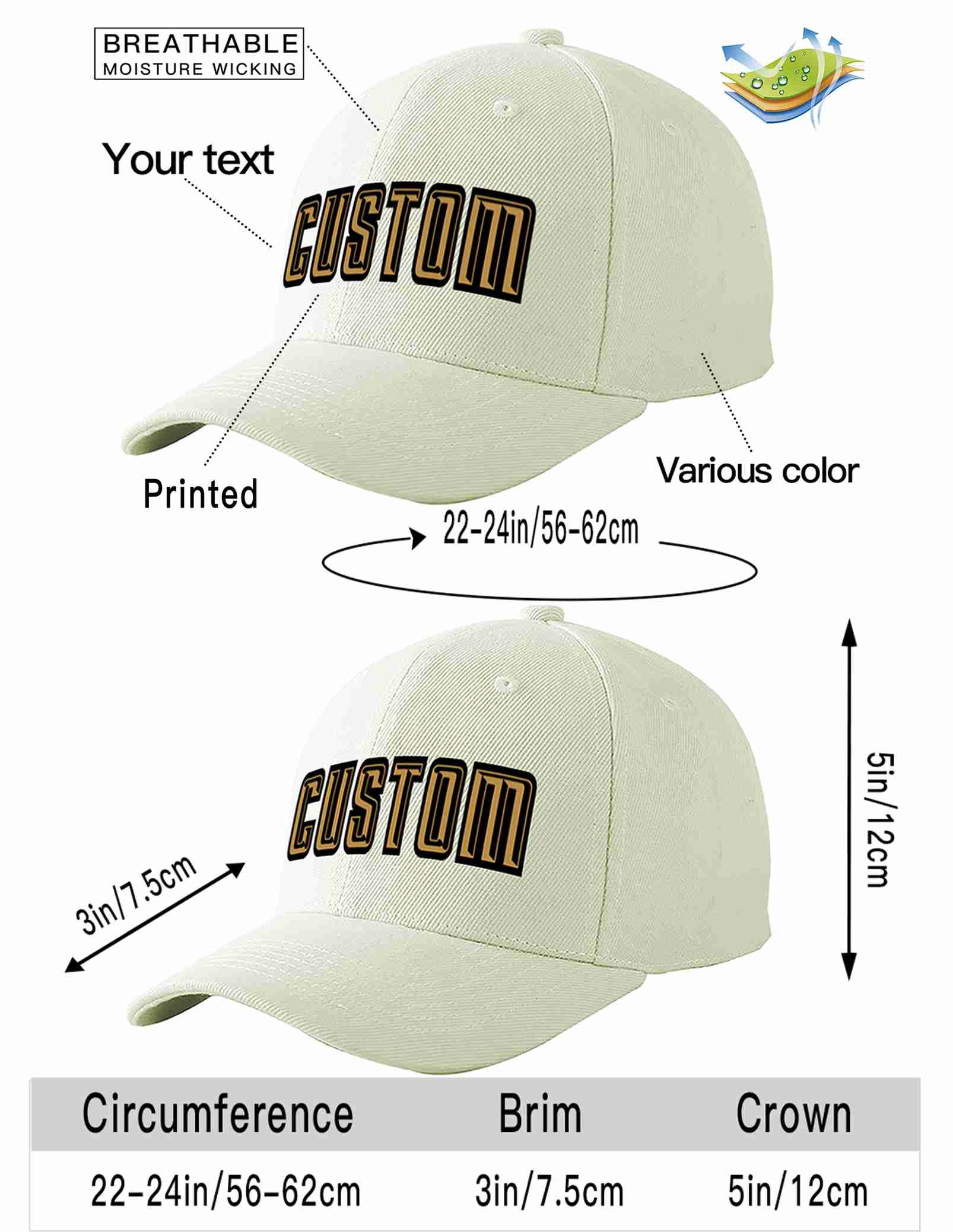 Custom Cream Old Gold-Black Curved Eaves Sport Baseball Cap Design for Men/Women/Youth