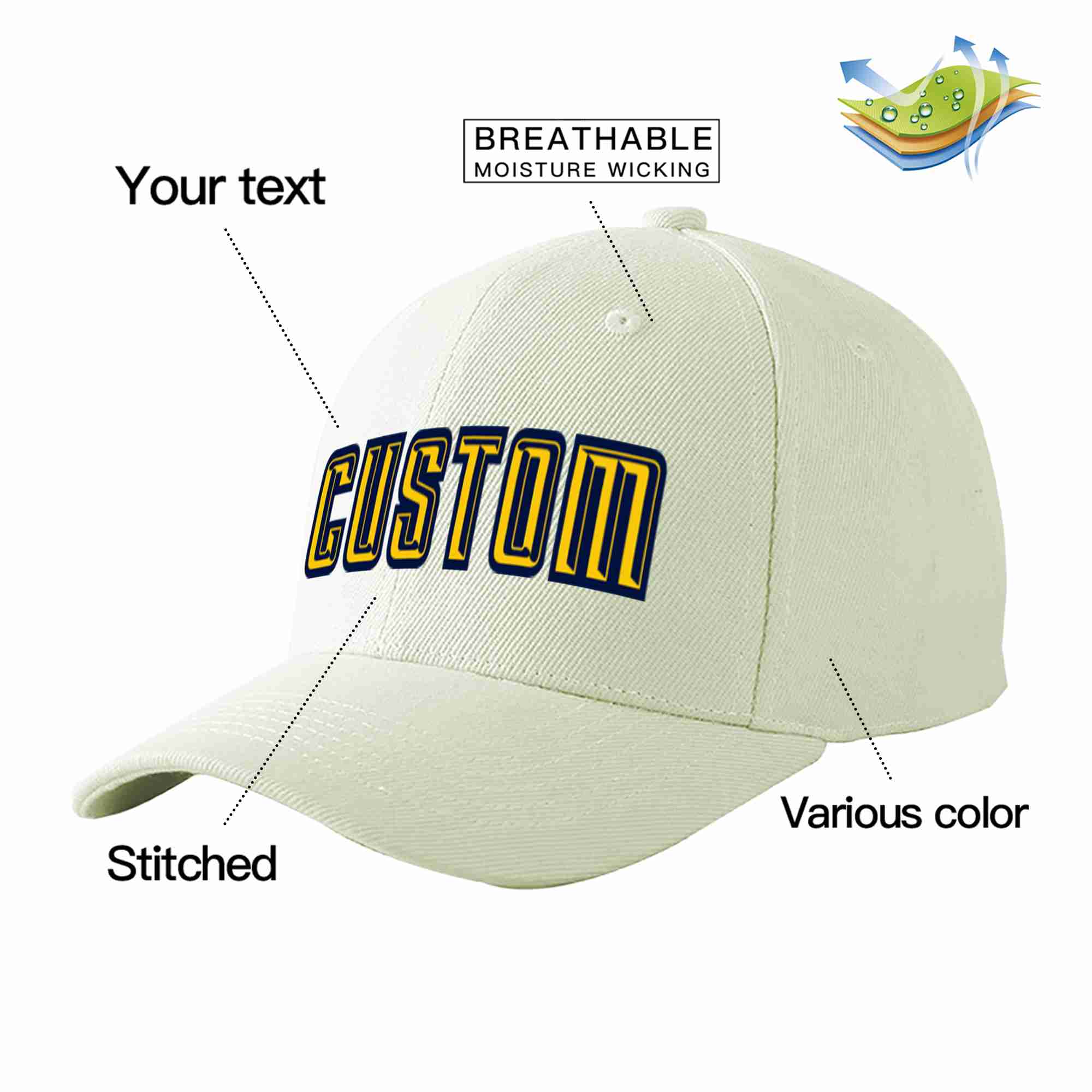 Custom Cream Gold-Navy Curved Eaves Sport Baseball Cap Design for Men/Women/Youth