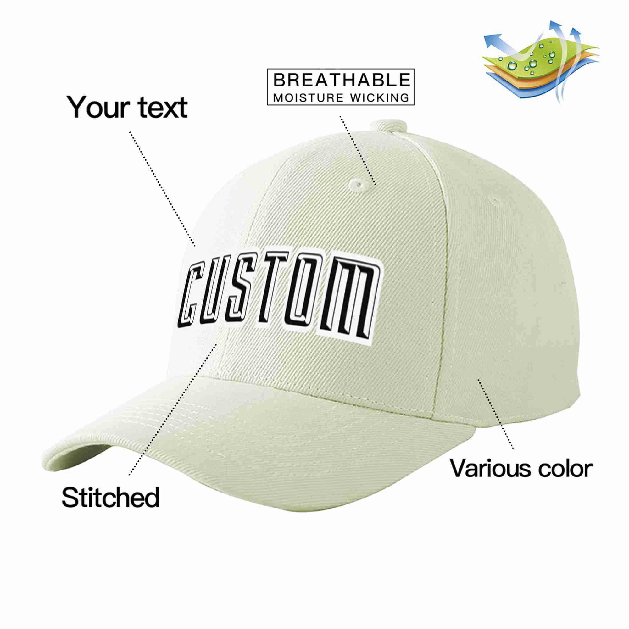 Conception personnalisée de casquette de baseball de sport incurvée noir-blanc crème pour hommes/femmes/jeunes