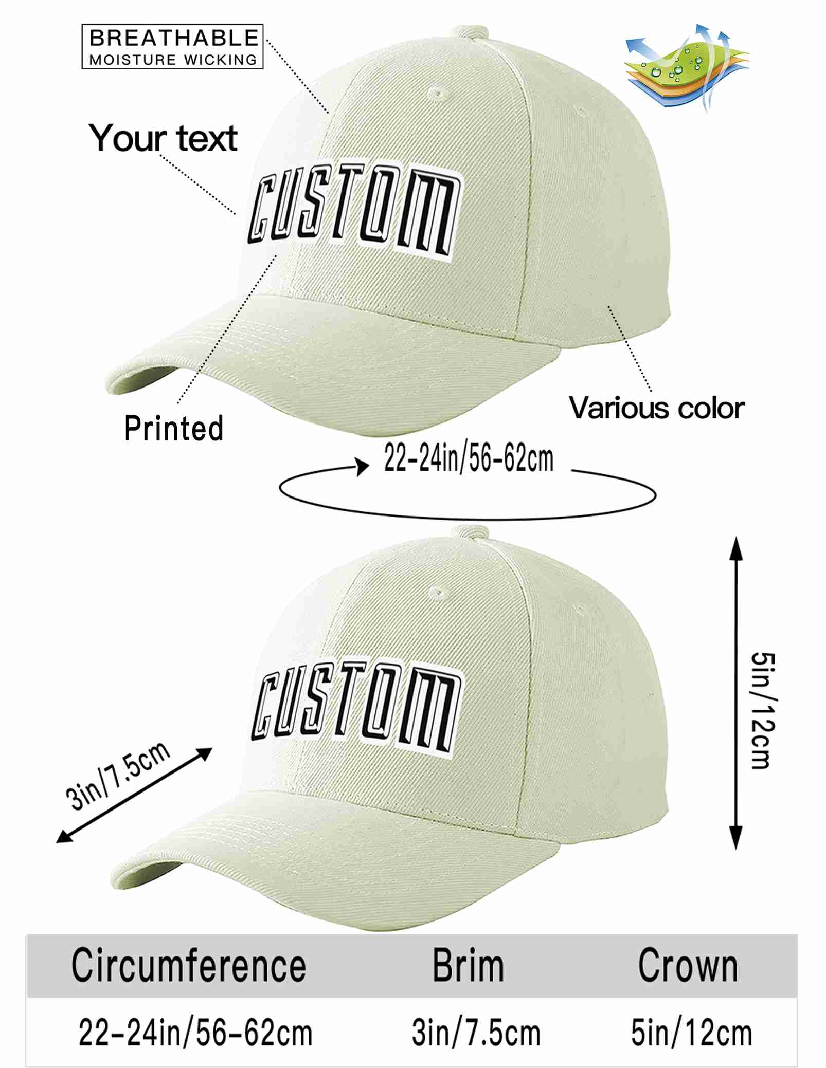 Custom Cream Black-White Curved Eaves Sport Baseball Cap Design for Men/Women/Youth