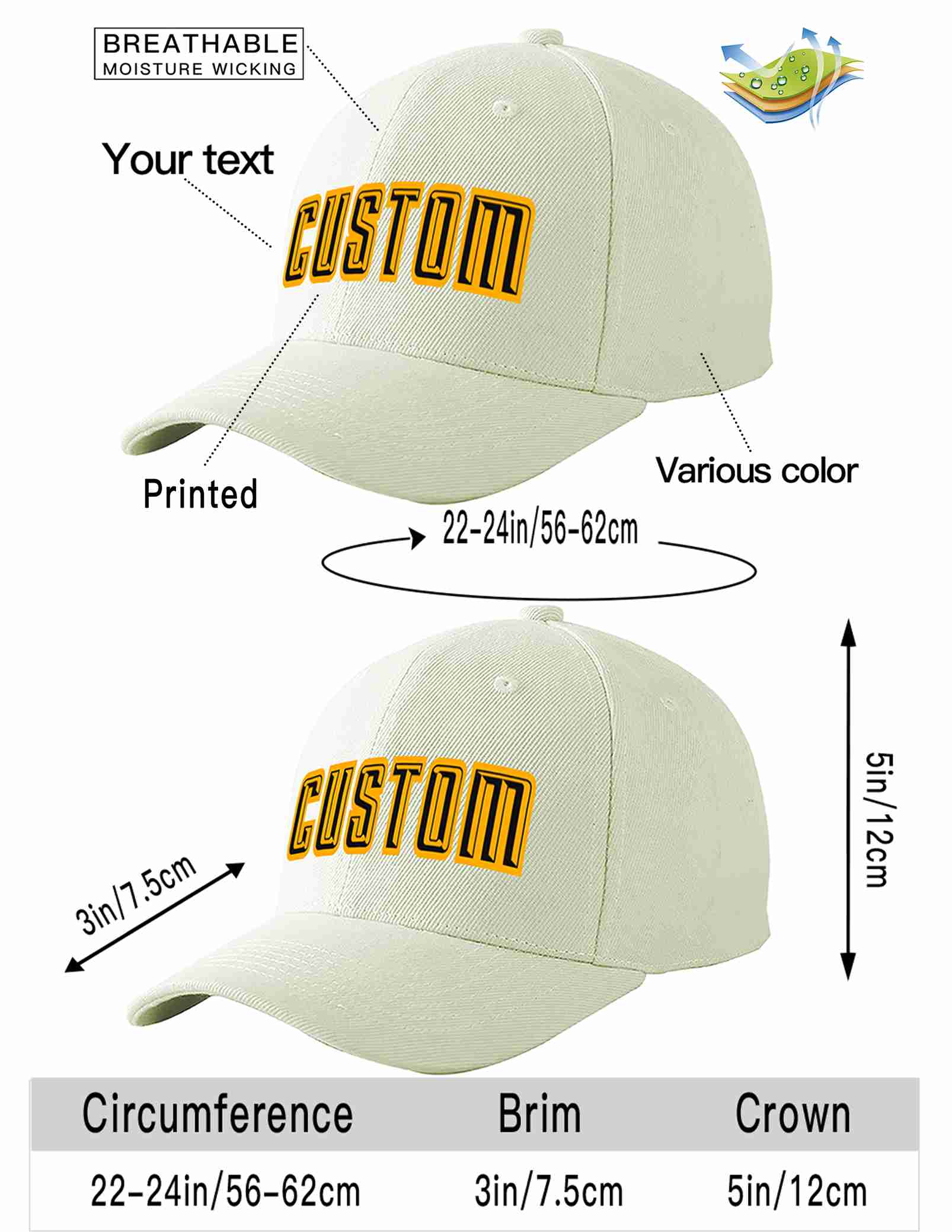 Custom Cream Black-Yellow Curved Eaves Sport Baseball Cap Design for Men/Women/Youth