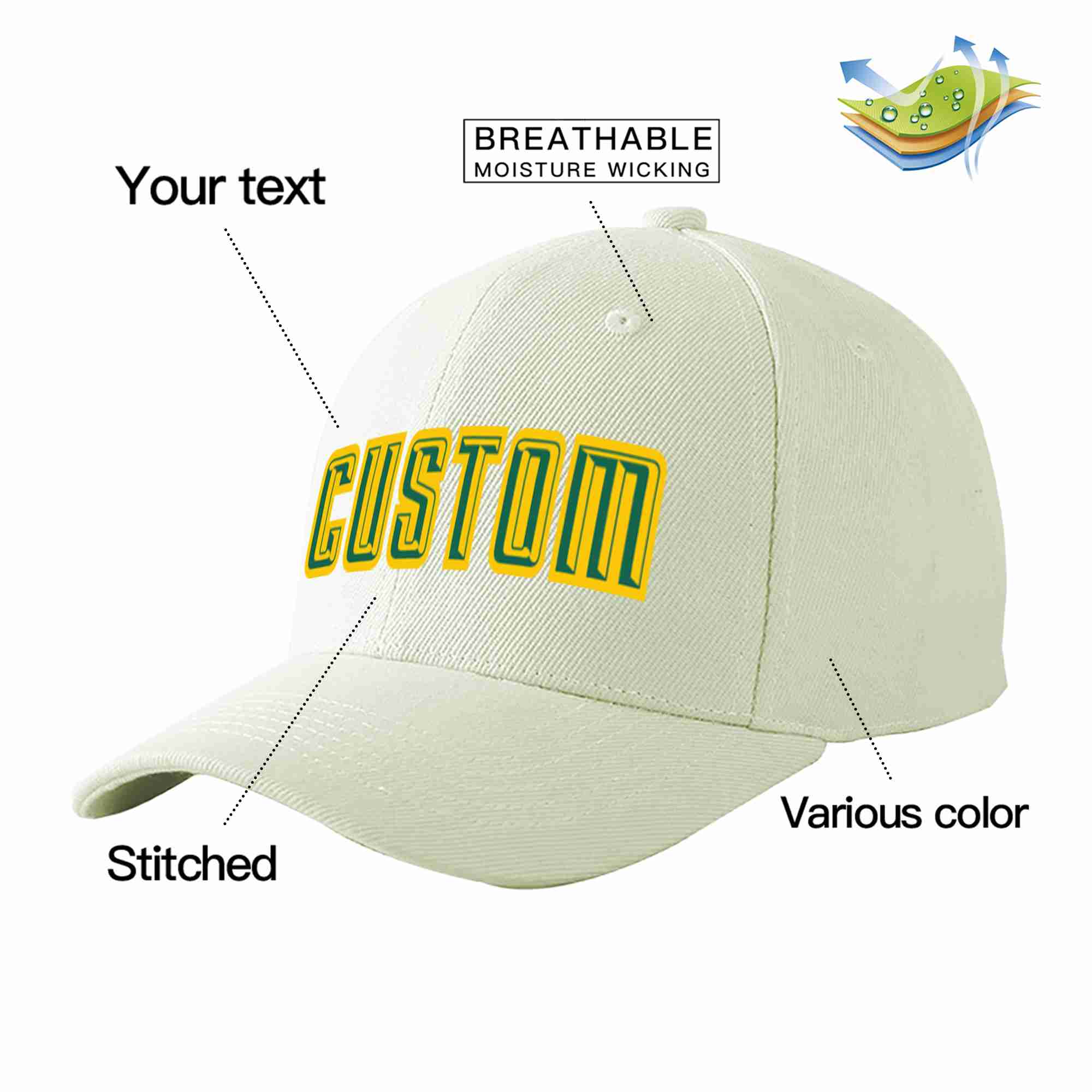 Custom Cream Kelly Green-Gold Curved Eaves Sport Baseball Cap Design for Men/Women/Youth