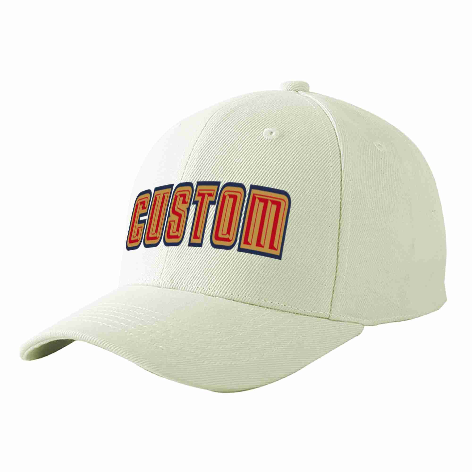 Conception personnalisée de casquette de baseball de sport à avant-toit incurvé rouge-vieil or crème pour hommes/femmes/jeunes