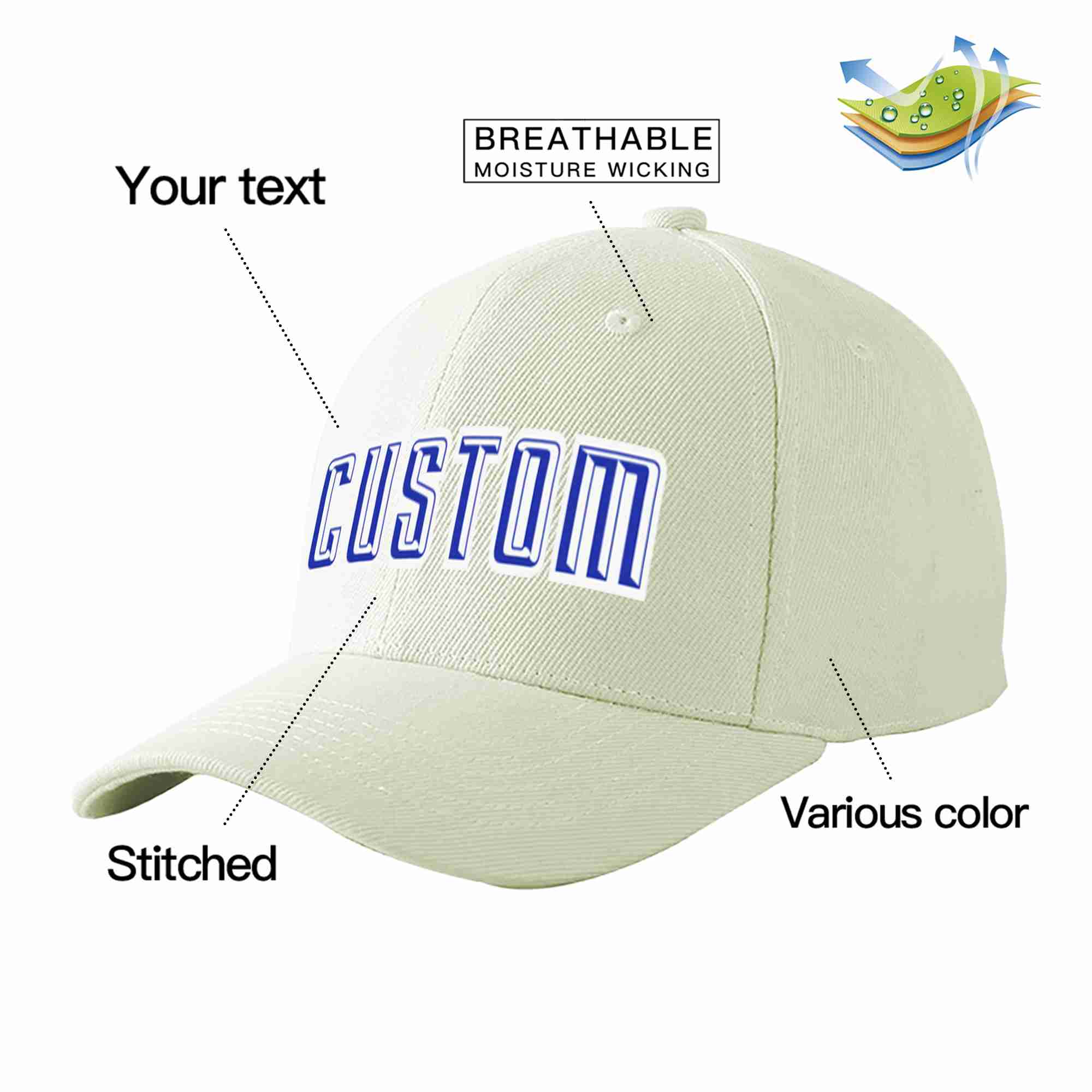 Conception personnalisée de casquette de baseball de sport incurvée blanc royal-blanc crème pour hommes/femmes/jeunes