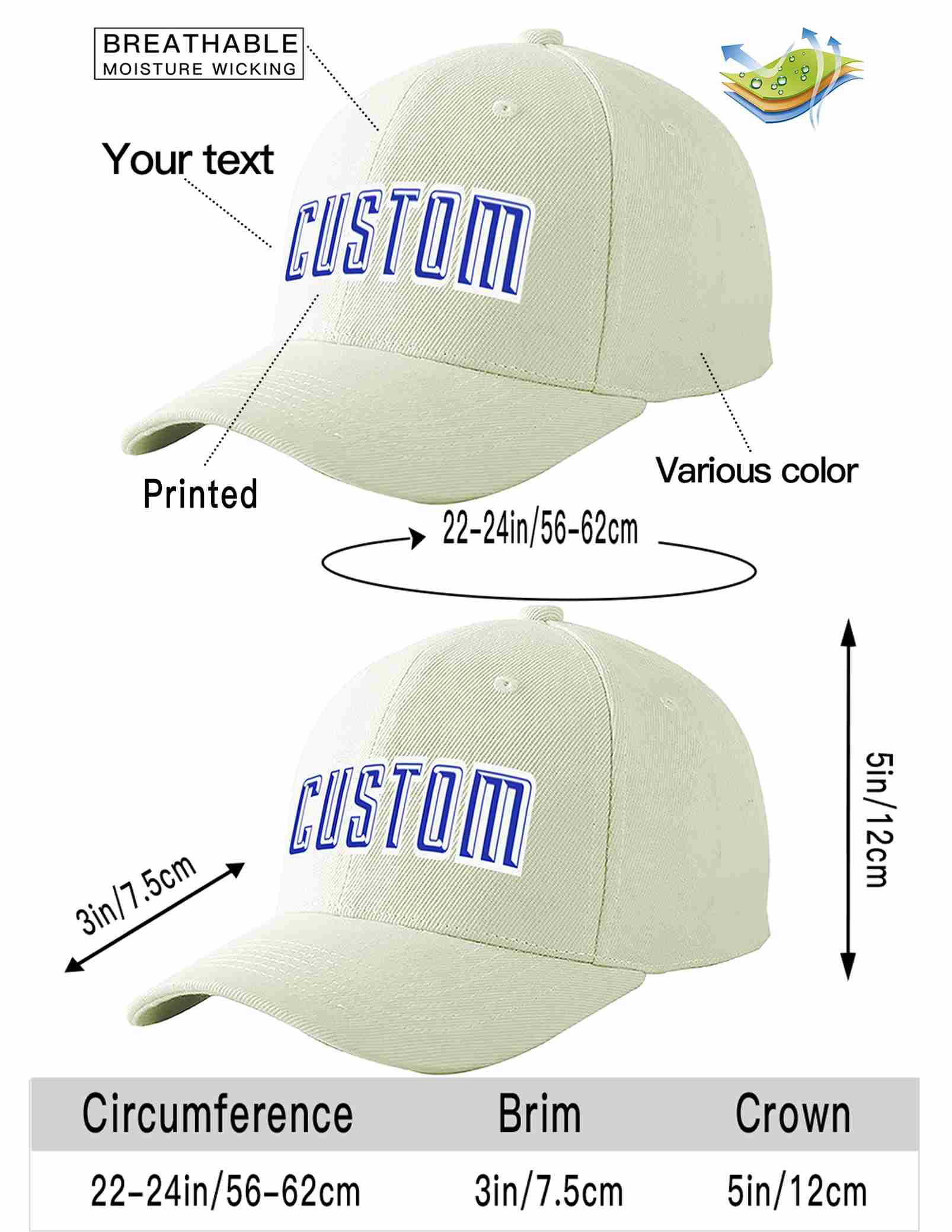 Custom Cream Royal-White Curved Eaves Sport Baseball Cap Design for Men/Women/Youth