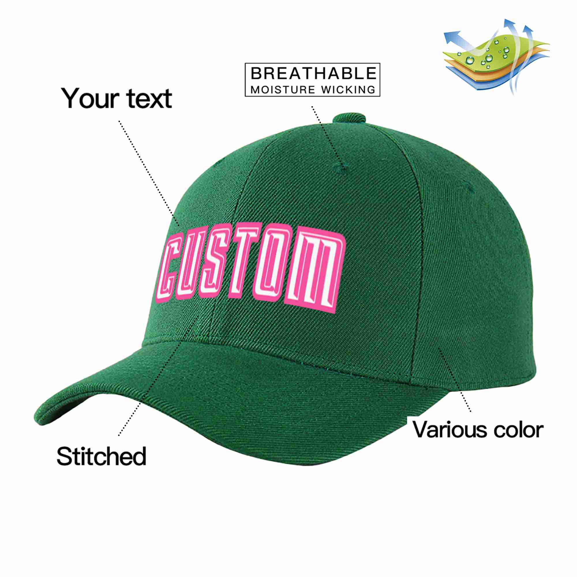 Custom Green White-Pink Curved Eaves Sport Baseball Cap Design for Men/Women/Youth