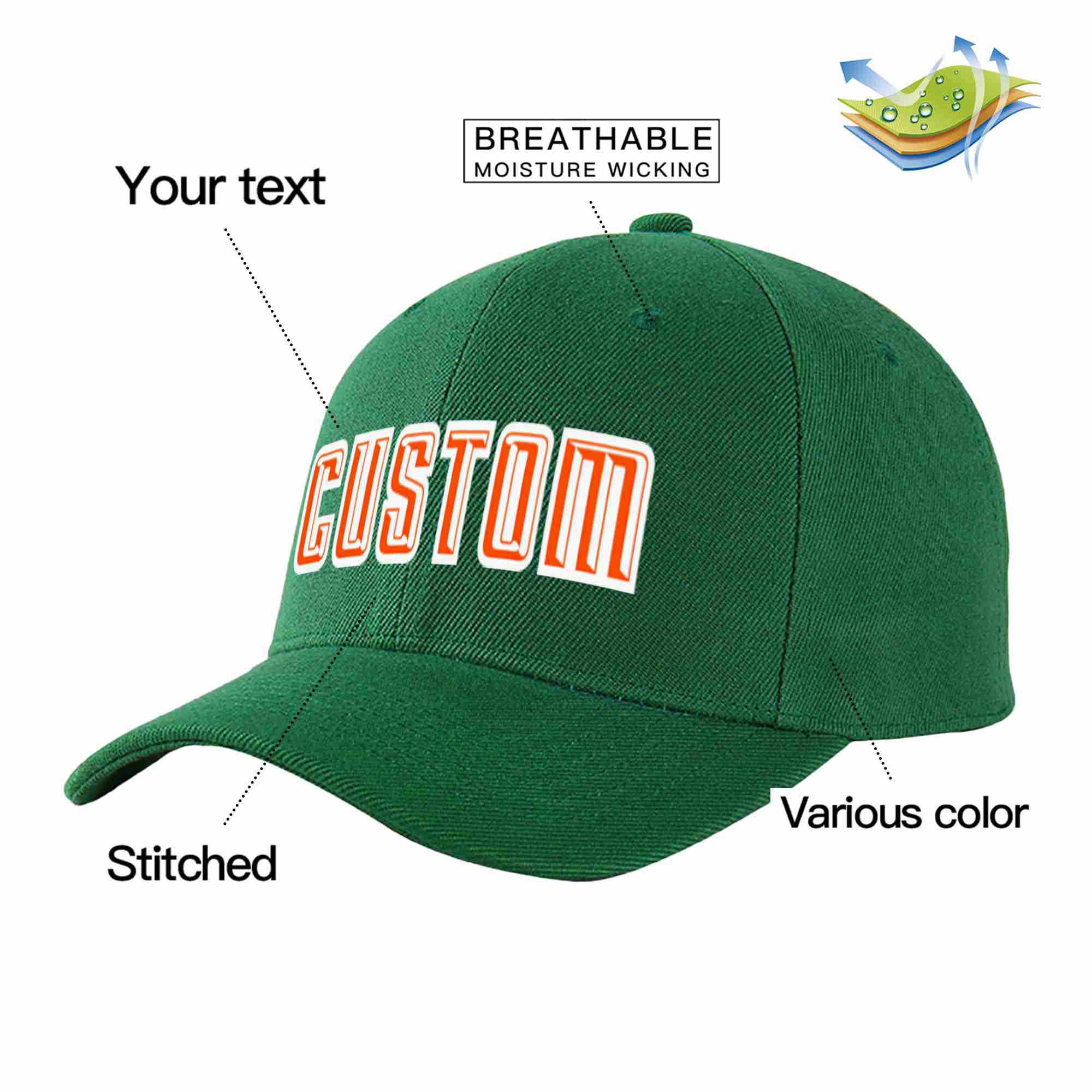 Conception personnalisée de casquette de baseball de sport incurvée vert orange-blanc pour hommes/femmes/jeunes