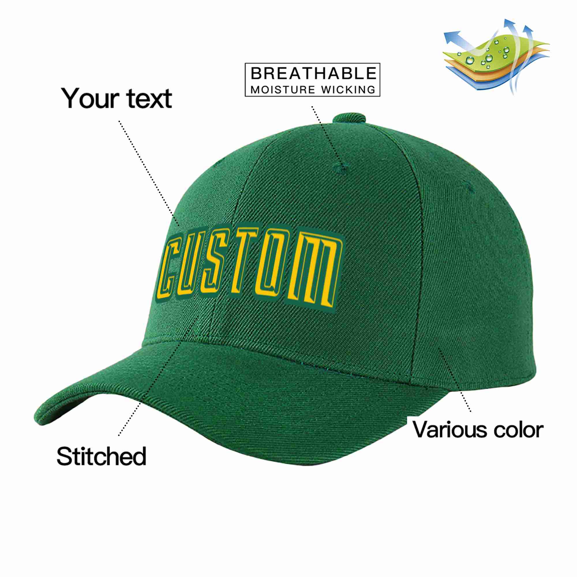 Conception personnalisée de casquette de baseball de sport à avant-toit incurvé vert Gold-Kelly Green pour hommes/femmes/jeunes