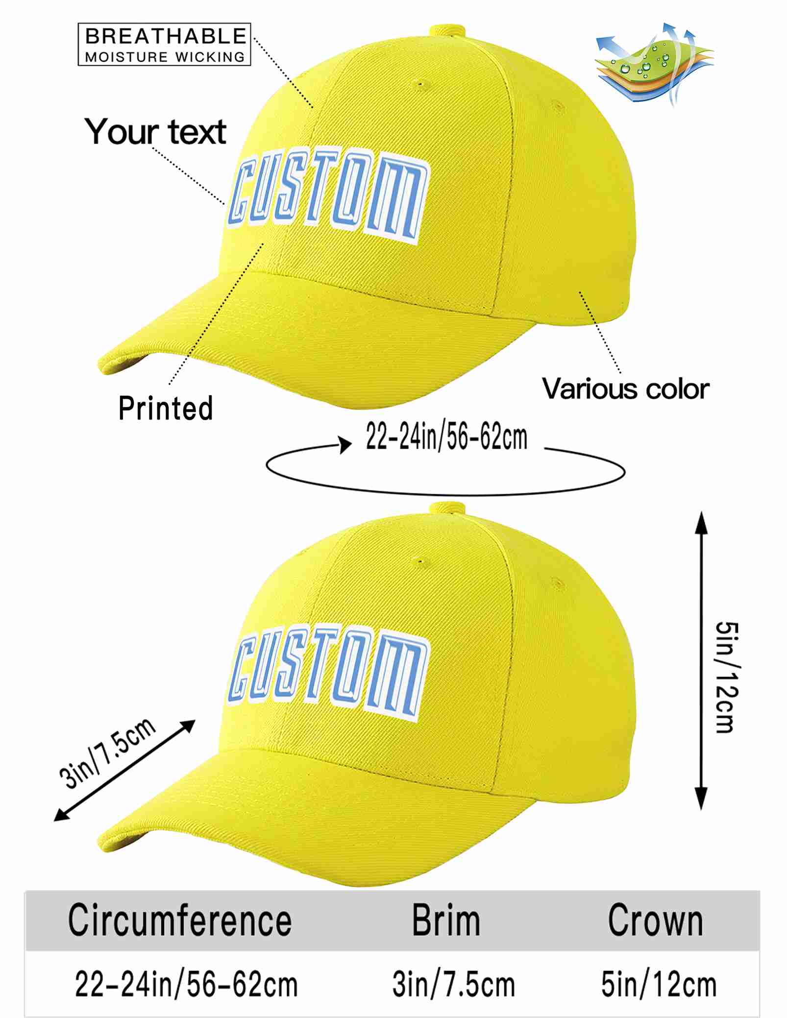 Conception personnalisée de casquette de baseball de sport incurvée jaune bleu clair-blanc pour hommes/femmes/jeunes