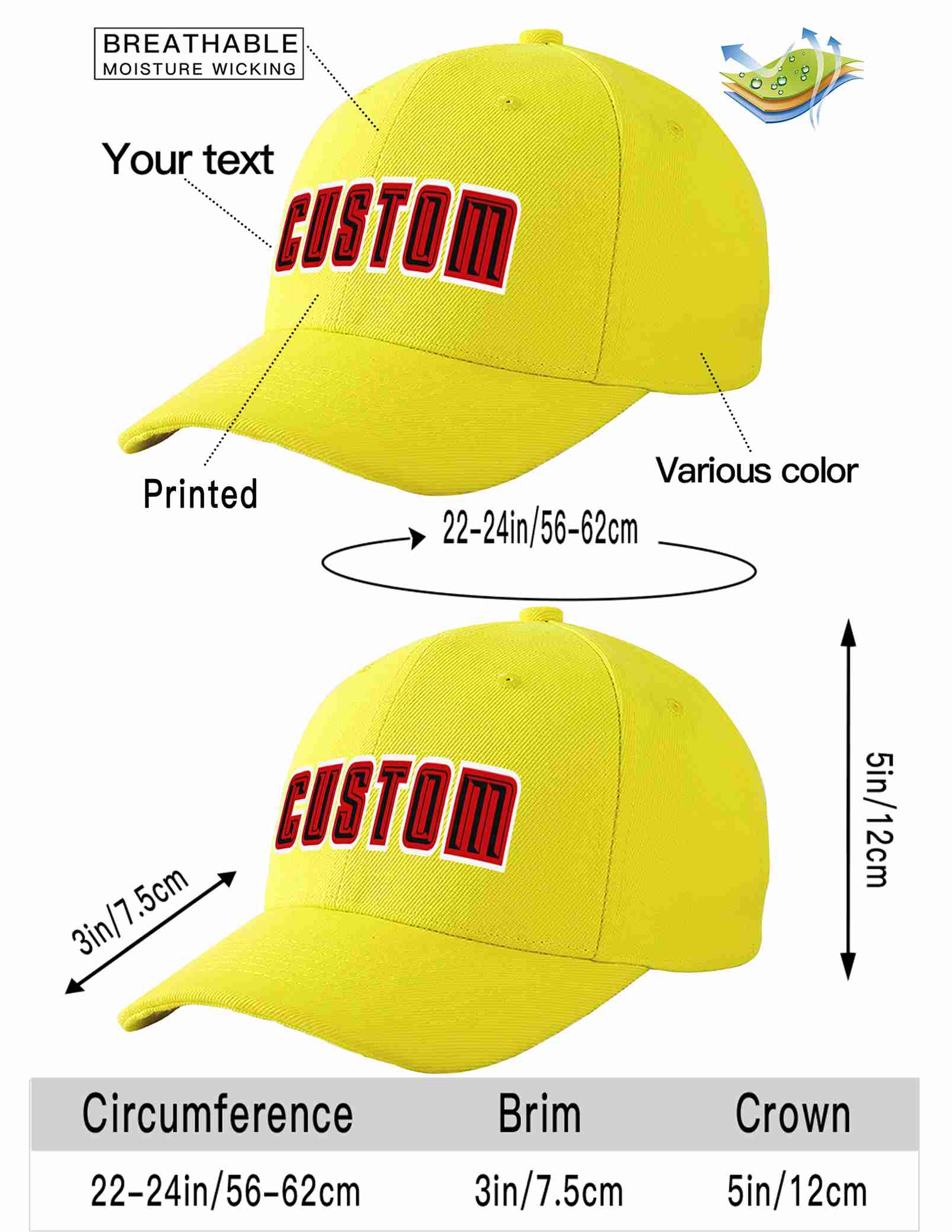 Custom Yellow Black-Red Curved Eaves Sport Baseball Cap Design for Men/Women/Youth