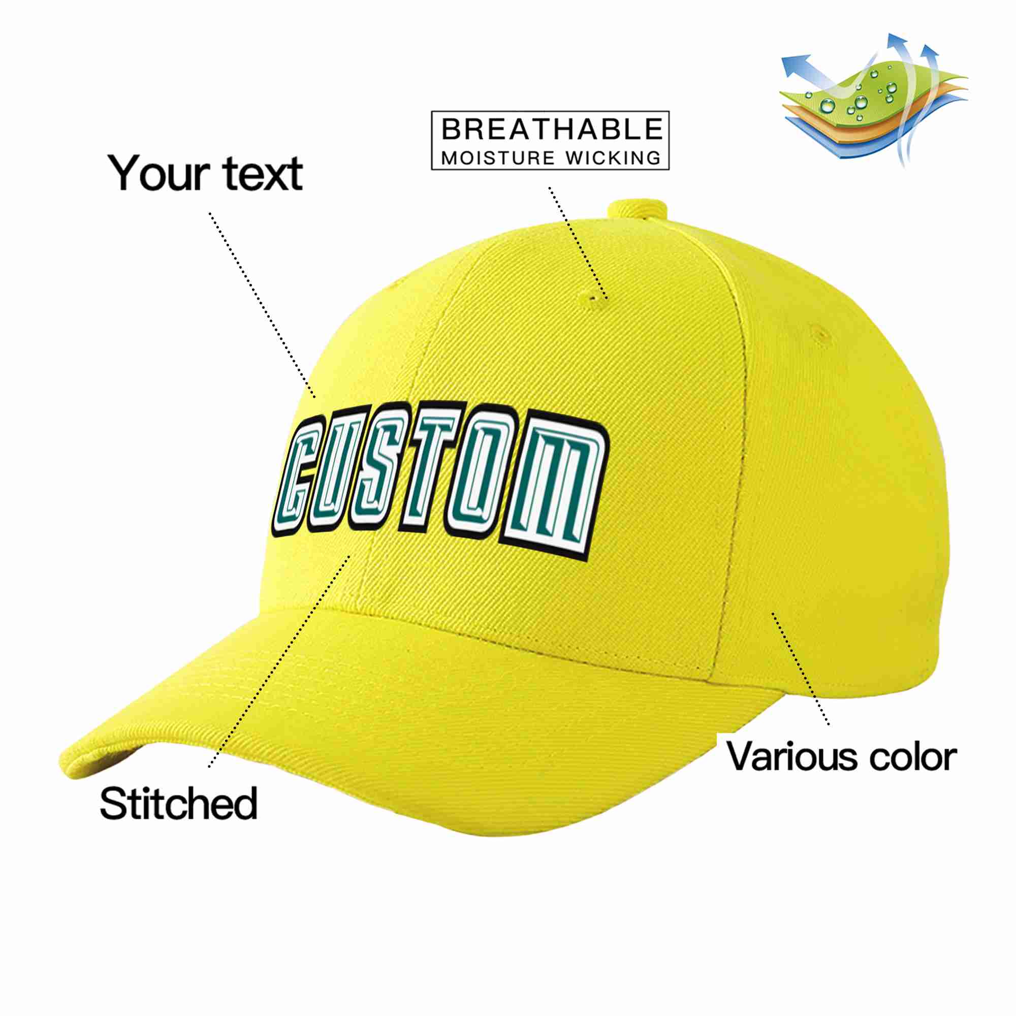 Conception personnalisée de casquette de baseball de sport courbée jaune aqua-blanc pour hommes/femmes/jeunes