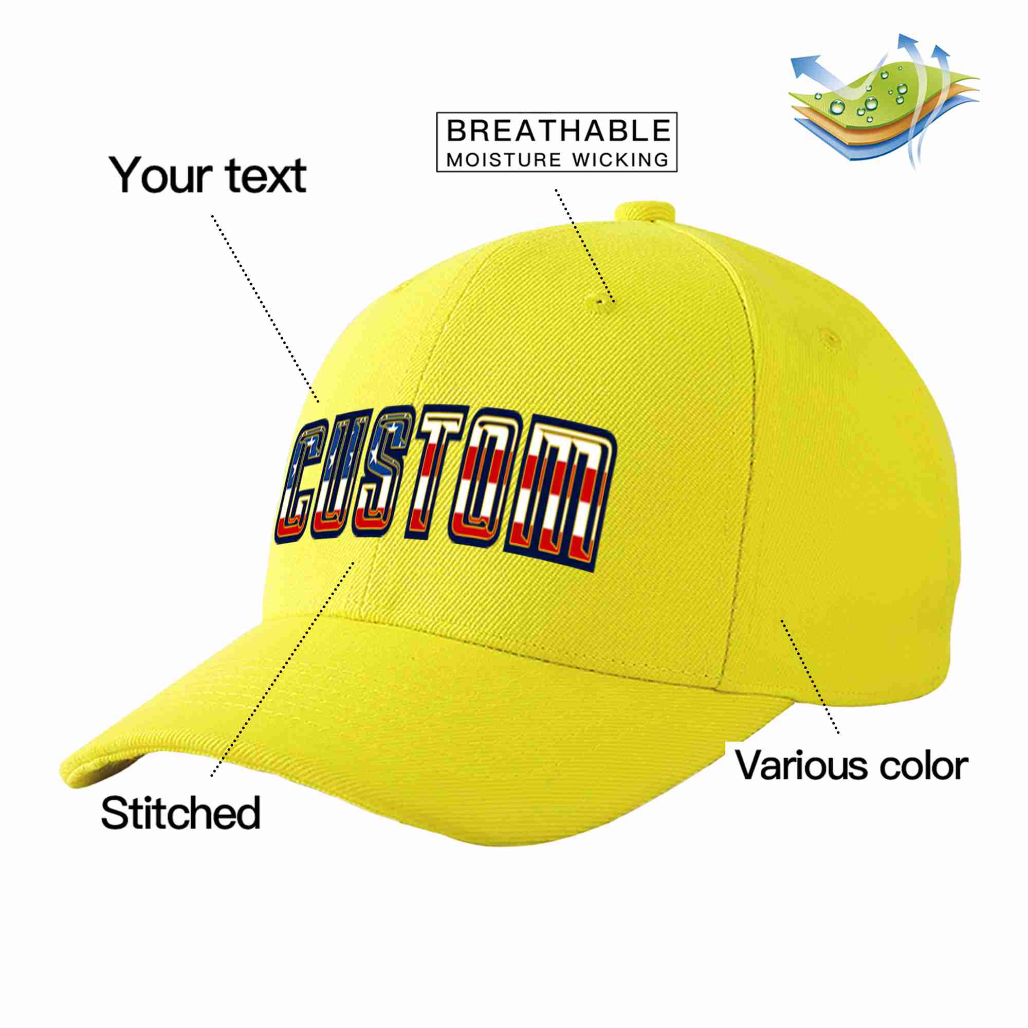 Conception de casquette de baseball de sport à avant-toit incurvé jaune personnalisé avec drapeau américain vintage pour hommes/femmes/jeunes