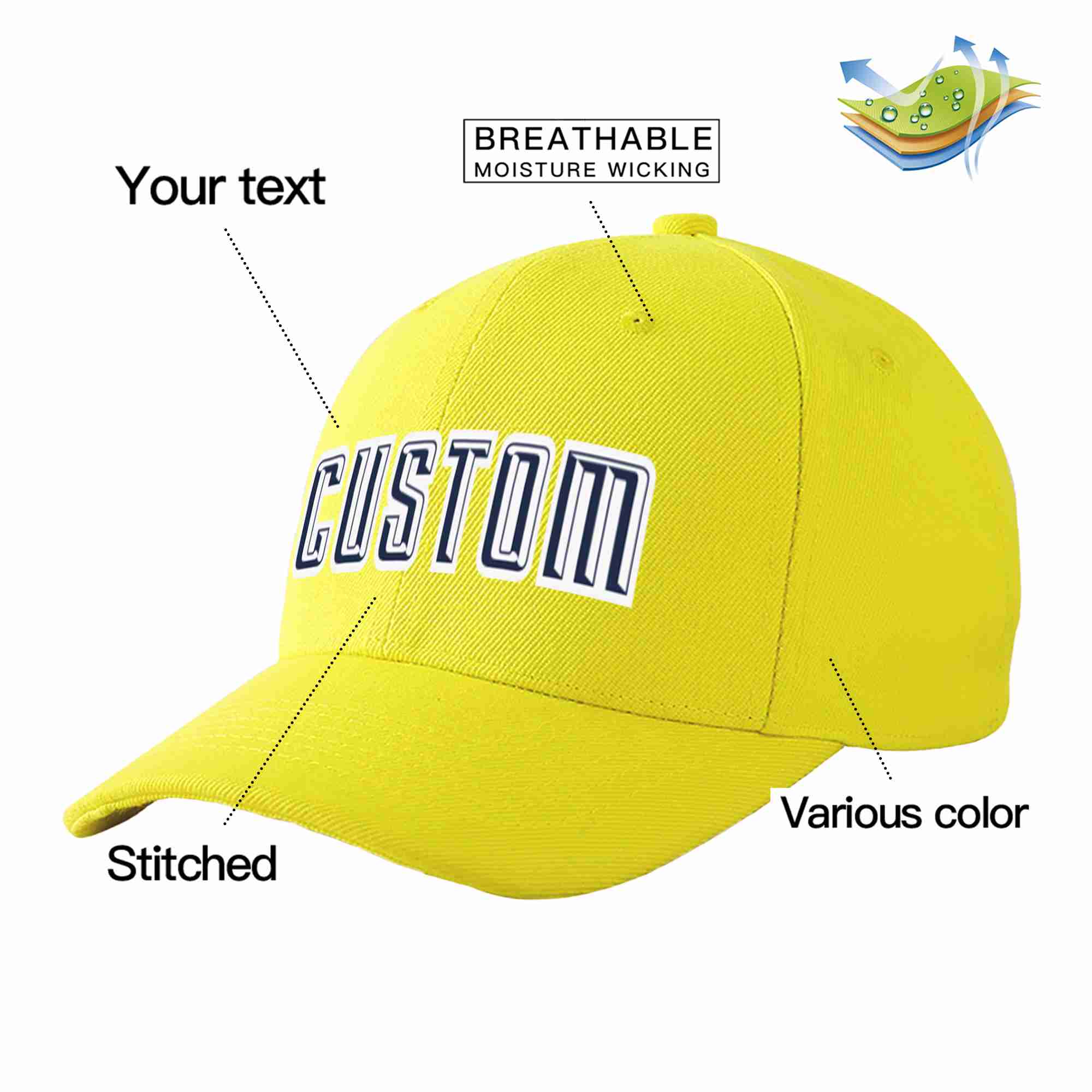 Conception personnalisée de casquette de baseball de sport incurvée jaune marine-blanc pour hommes/femmes/jeunes