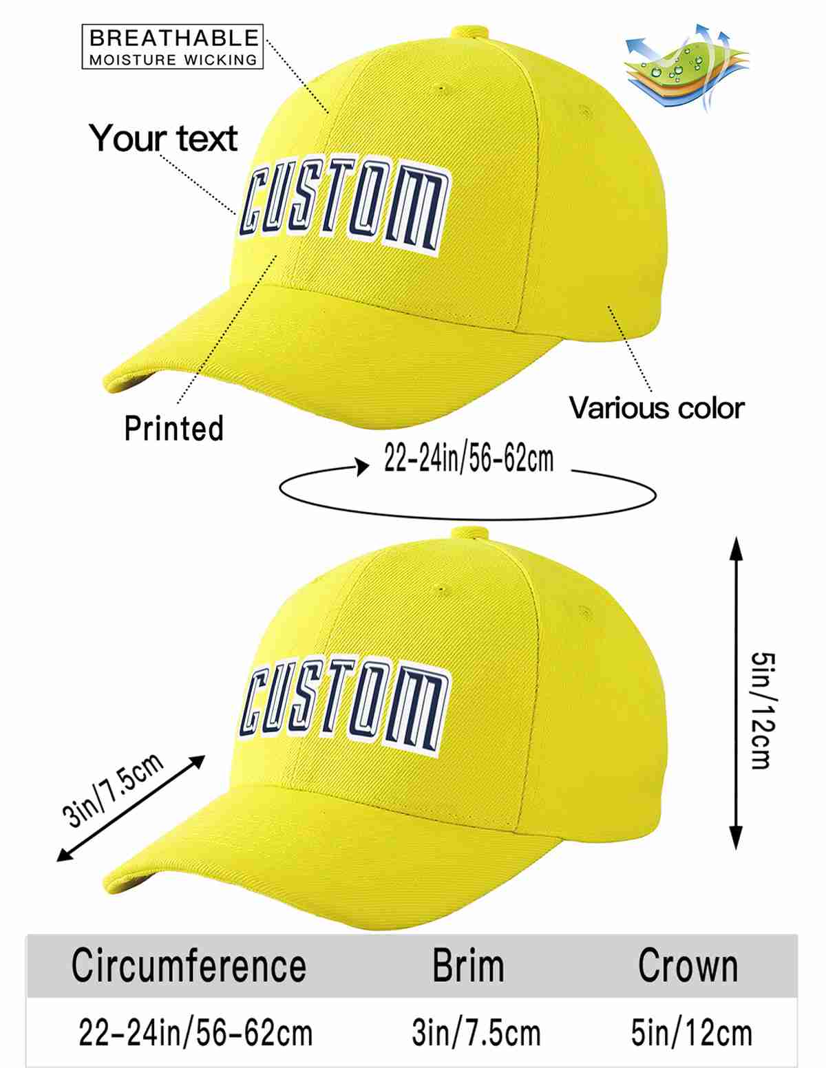 Conception personnalisée de casquette de baseball de sport incurvée jaune marine-blanc pour hommes/femmes/jeunes