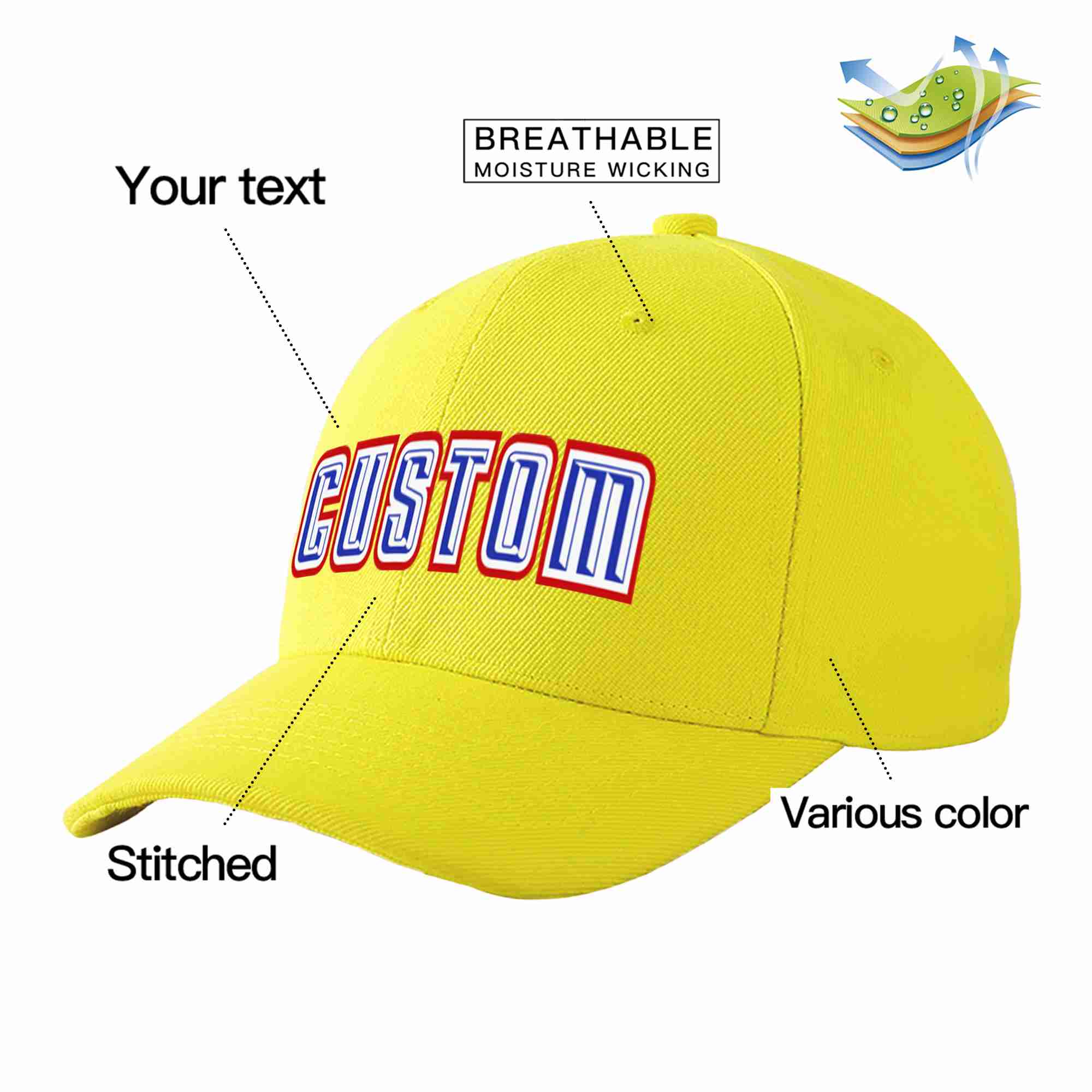 Custom Yellow Royal-White Curved Eaves Sport Baseball Cap Design for Men/Women/Youth