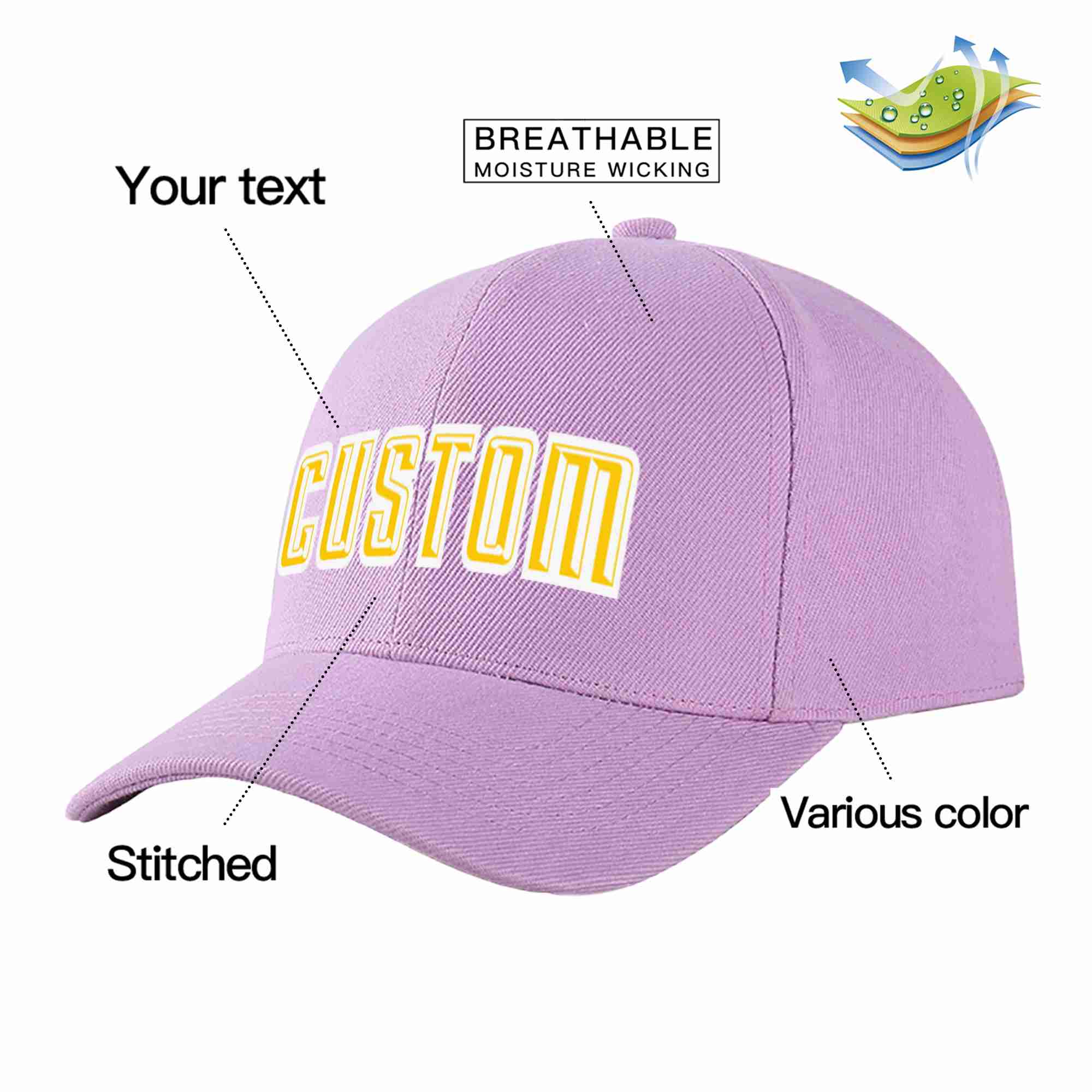 Conception personnalisée de casquette de baseball de sport incurvée violet clair or-blanc pour hommes/femmes/jeunes