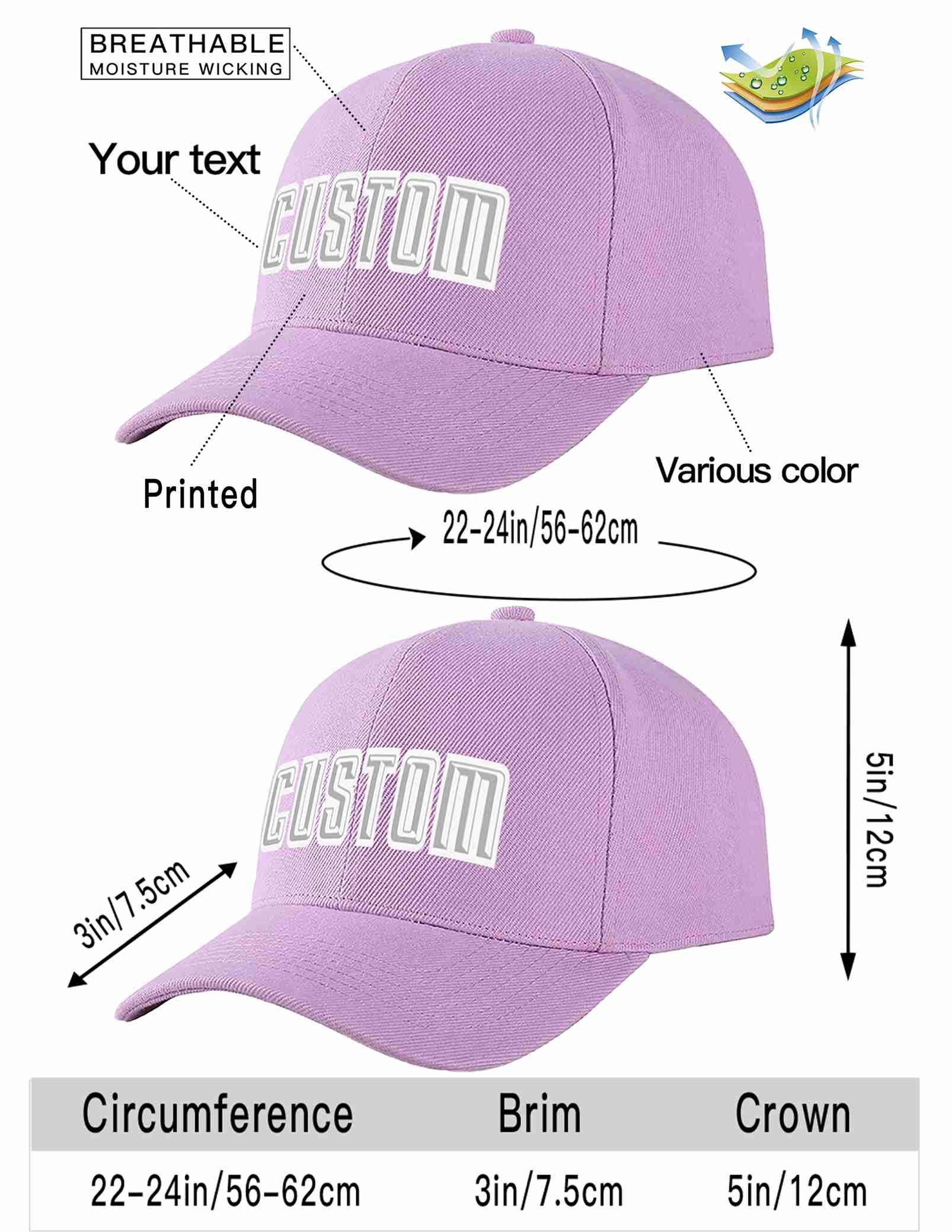 Custom Light Purple Gray-White Curved Eaves Sport Baseball Cap Design for Men/Women/Youth