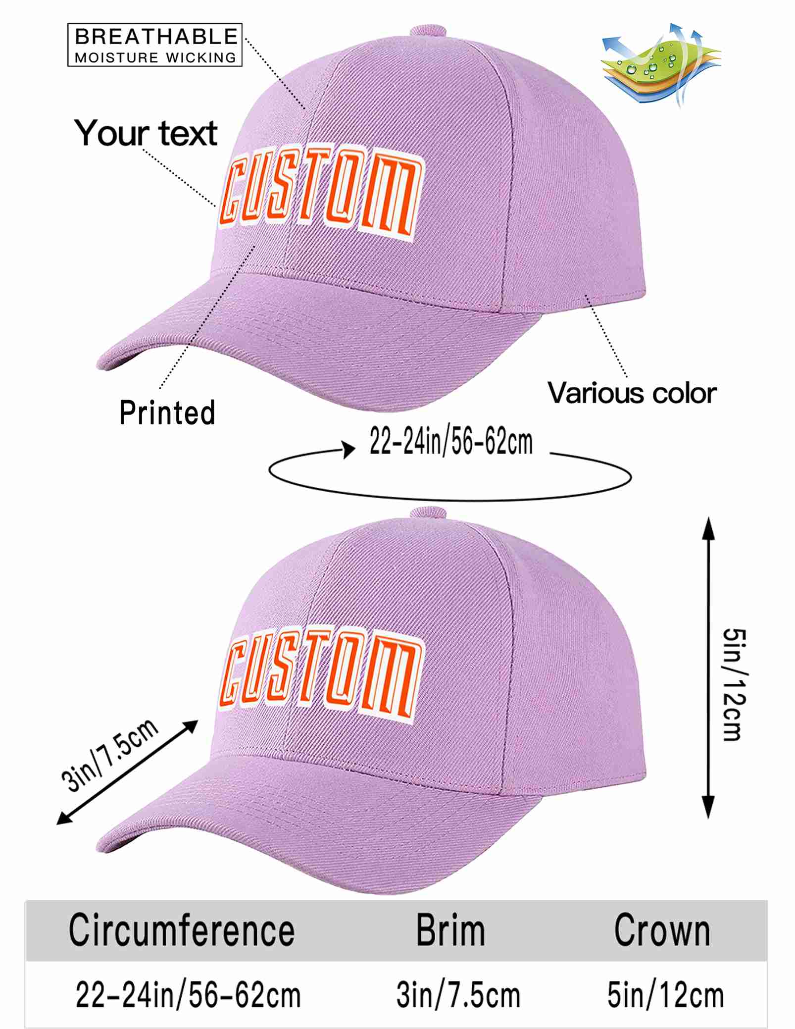 Conception personnalisée de casquette de baseball de sport incurvée violet clair orange-blanc pour hommes/femmes/jeunes