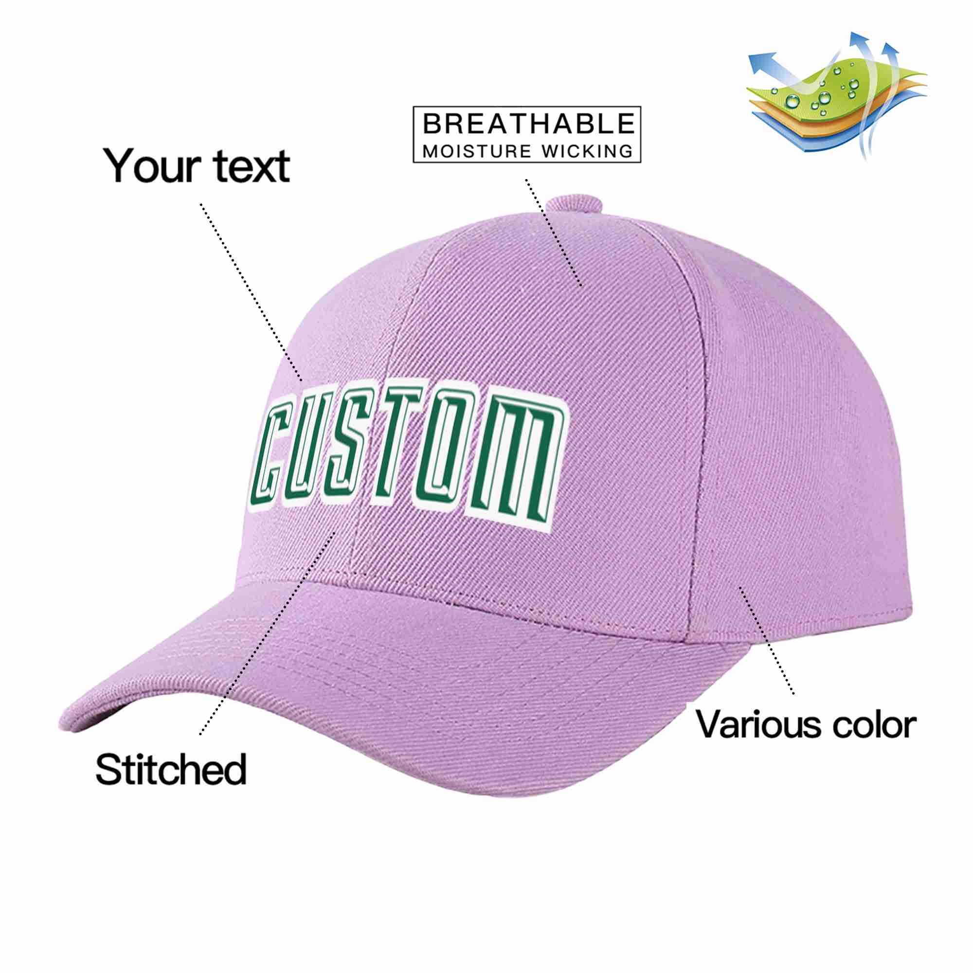 Custom Light Purple Kelly Green-White Curved Eaves Sport Baseball Cap Design for Men/Women/Youth